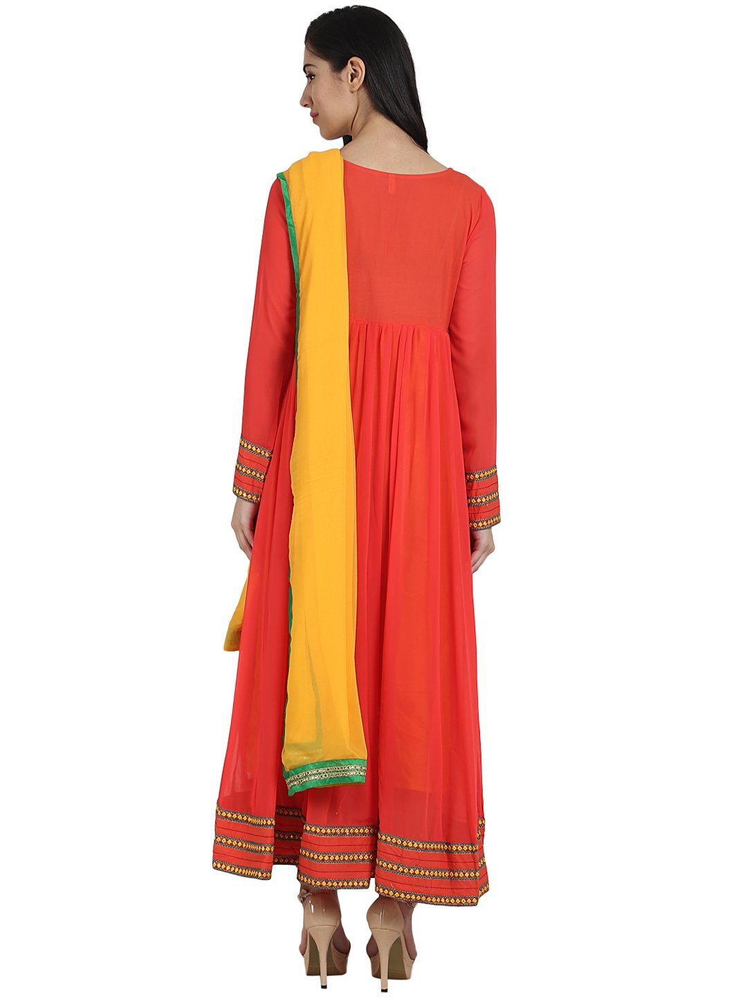 Women's Orange Color 3/4Th Sleeve Georgette Anarkali Kurta With Embriodery Work And Yellow Dupatta - Nayo Clothing