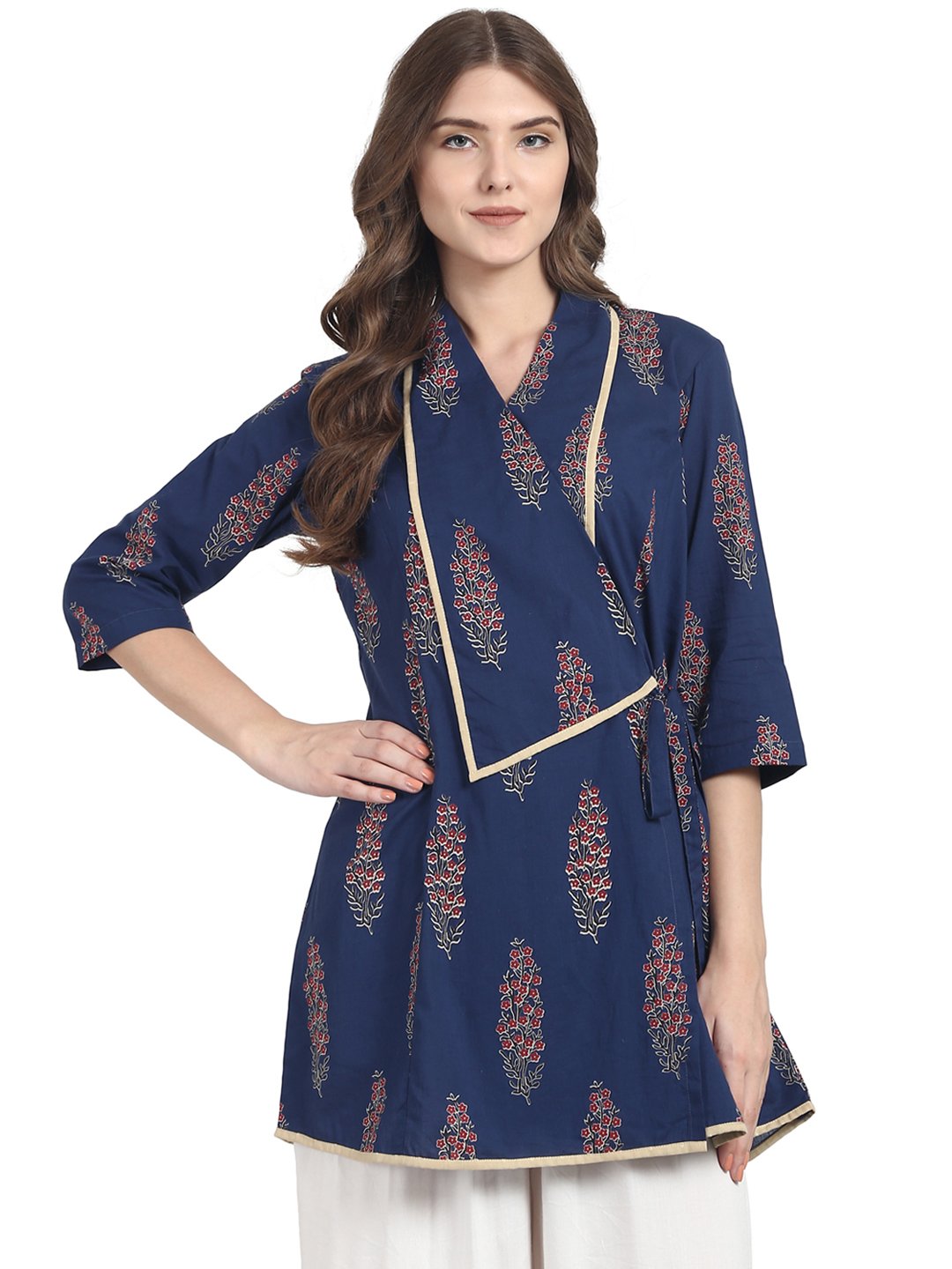 Women's Blue 3/4 Sleeve Cotton Angrakha Style Tunic - Nayo Clothing