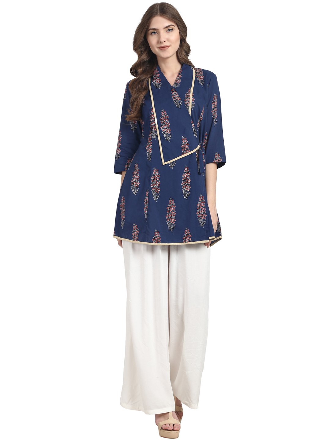 Women's Blue 3/4 Sleeve Cotton Angrakha Style Tunic - Nayo Clothing
