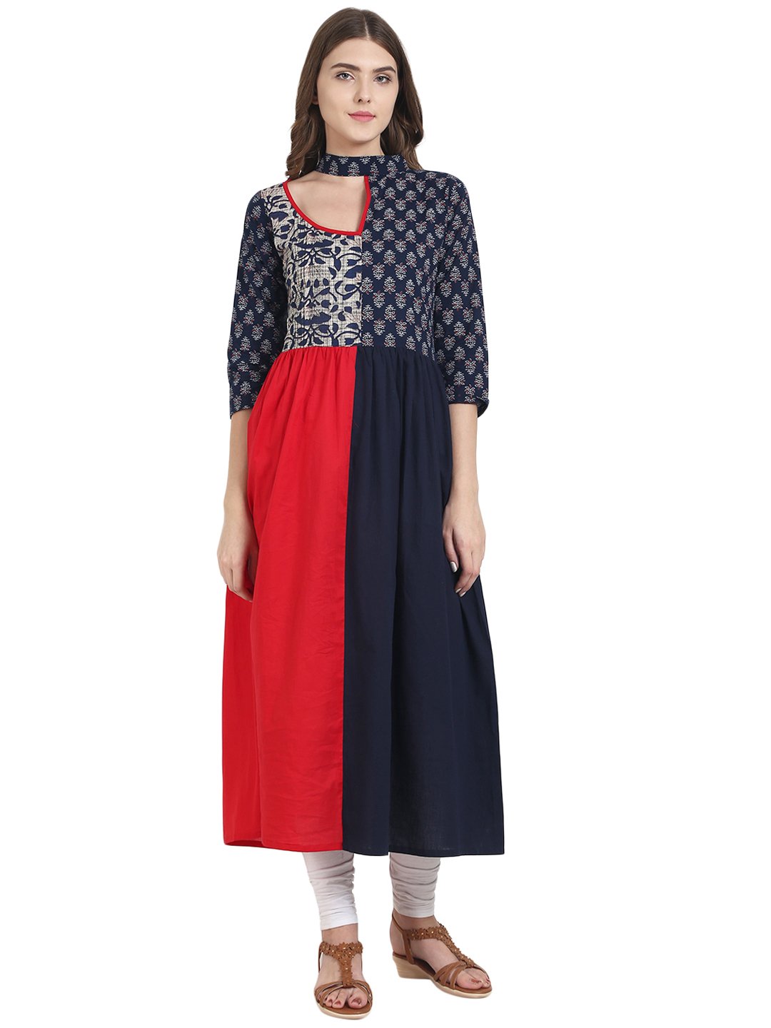 Women's Nayo Navy Blue & Red Cotton Anarkali Kurta With Printed Yoke - Nayo Clothing