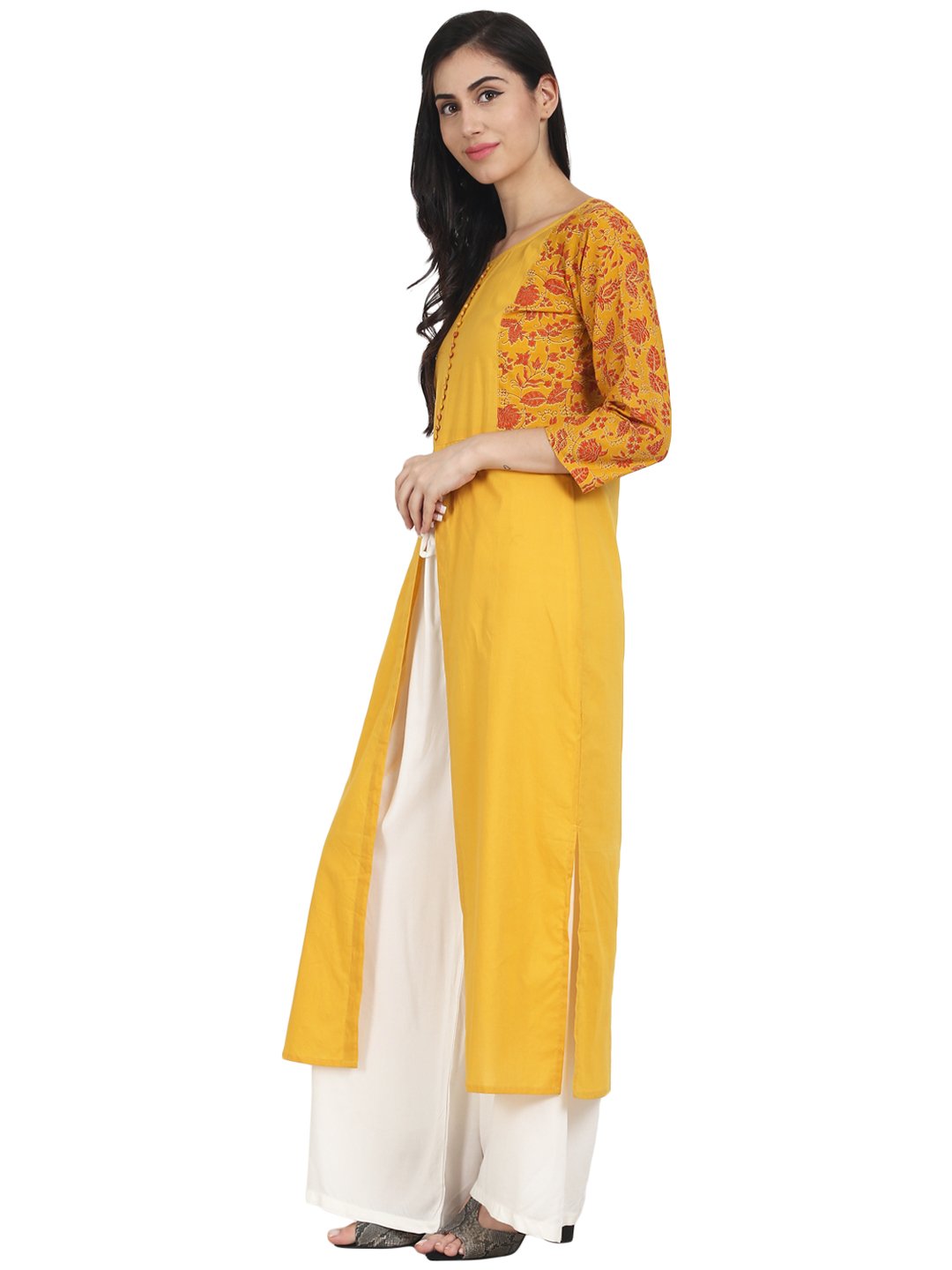 Women's Nayo Mustard Yellow Cotton 3/4Th Sleeve Front Slit Kurta With Block Printed In Yoke And Border - Nayo Clothing