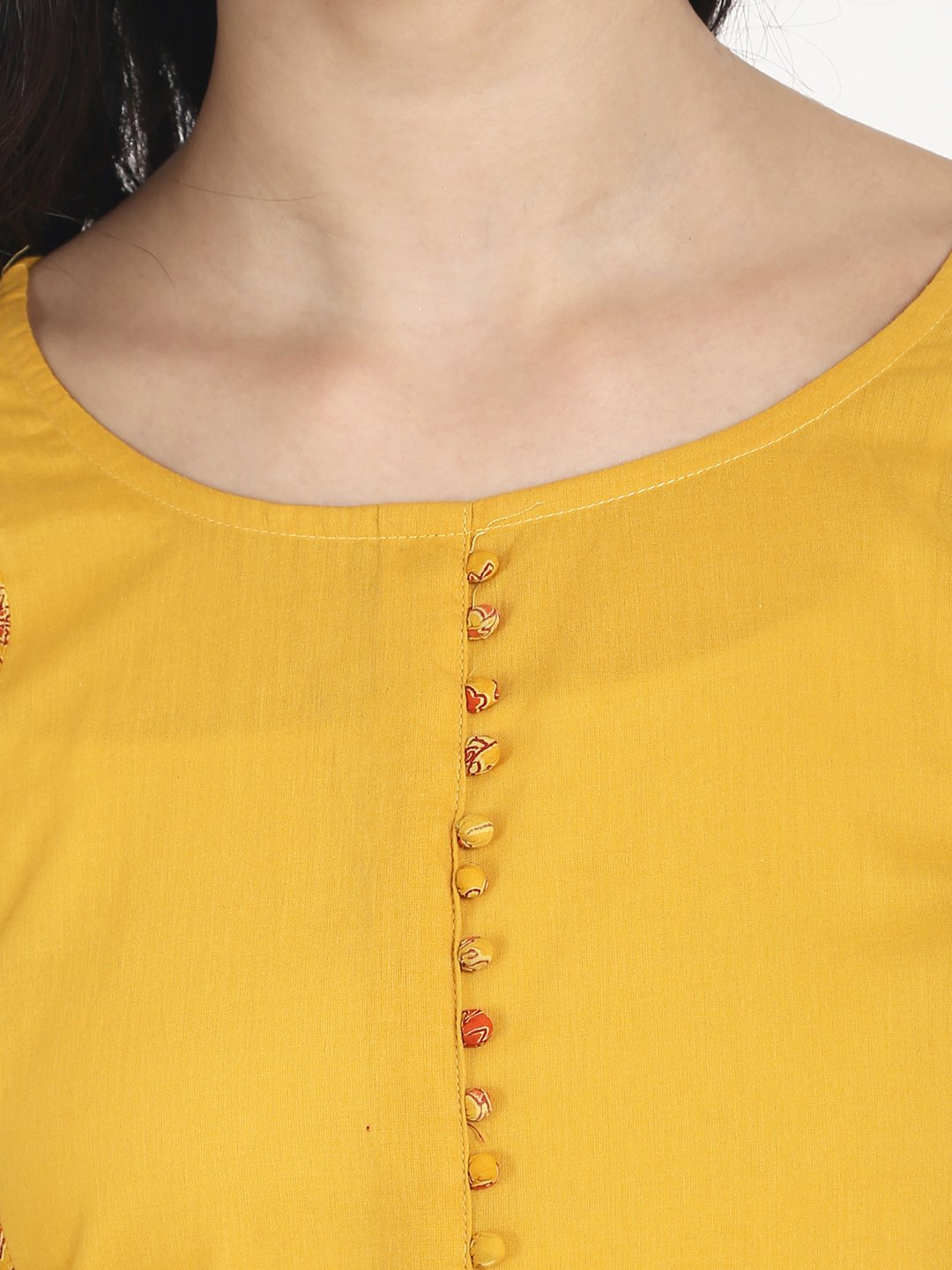Women's Nayo Mustard Yellow Cotton 3/4Th Sleeve Front Slit Kurta With Block Printed In Yoke And Border - Nayo Clothing