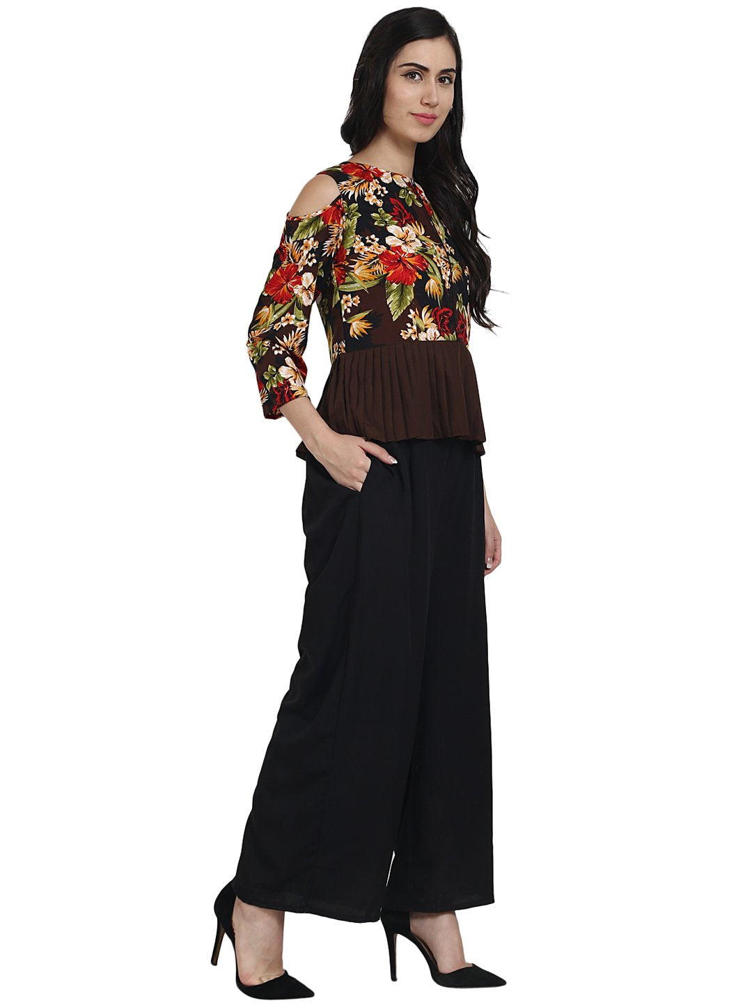 Women's Black Printed Crepe Cold Shoulder 3/4Th Sleeve Top With Solid Black Palazzo Having One Side Pocket - Nayo Clothing