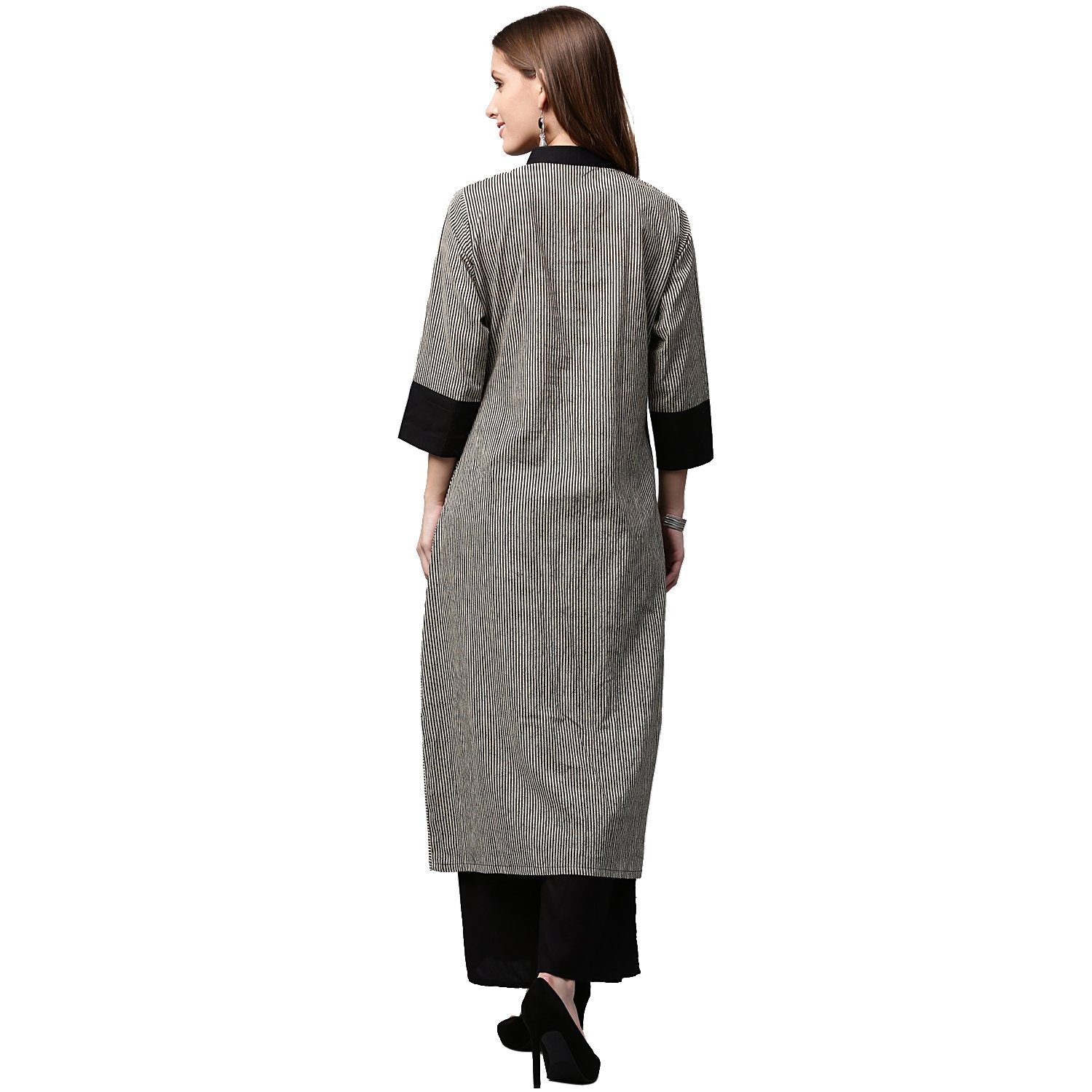 Women's Black Printed 3/4Th Sleeve Cotton Front Open Kurta - Nayo Clothing