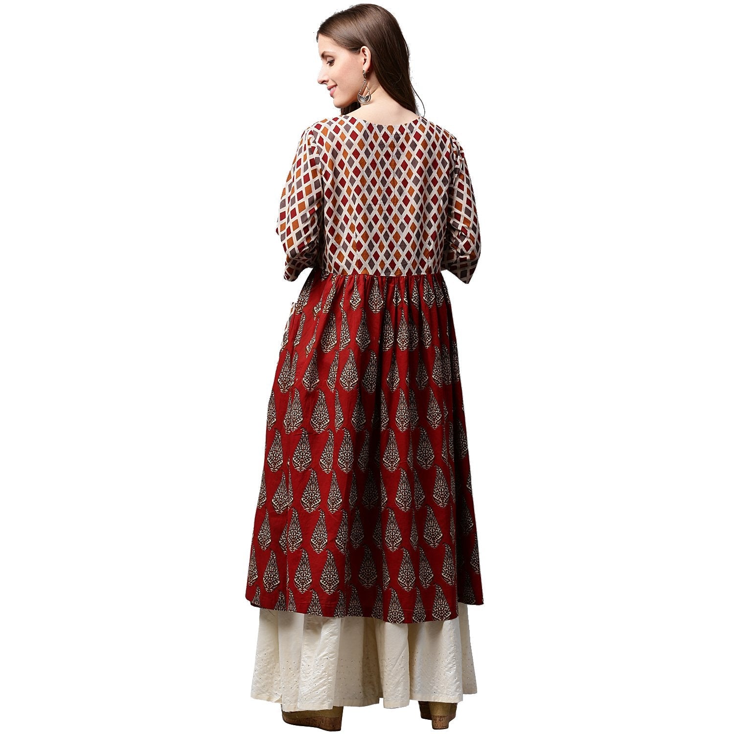 Women's Red Printed 3/4Th Sleeve Cotton Anarkali Kurta - Nayo Clothing