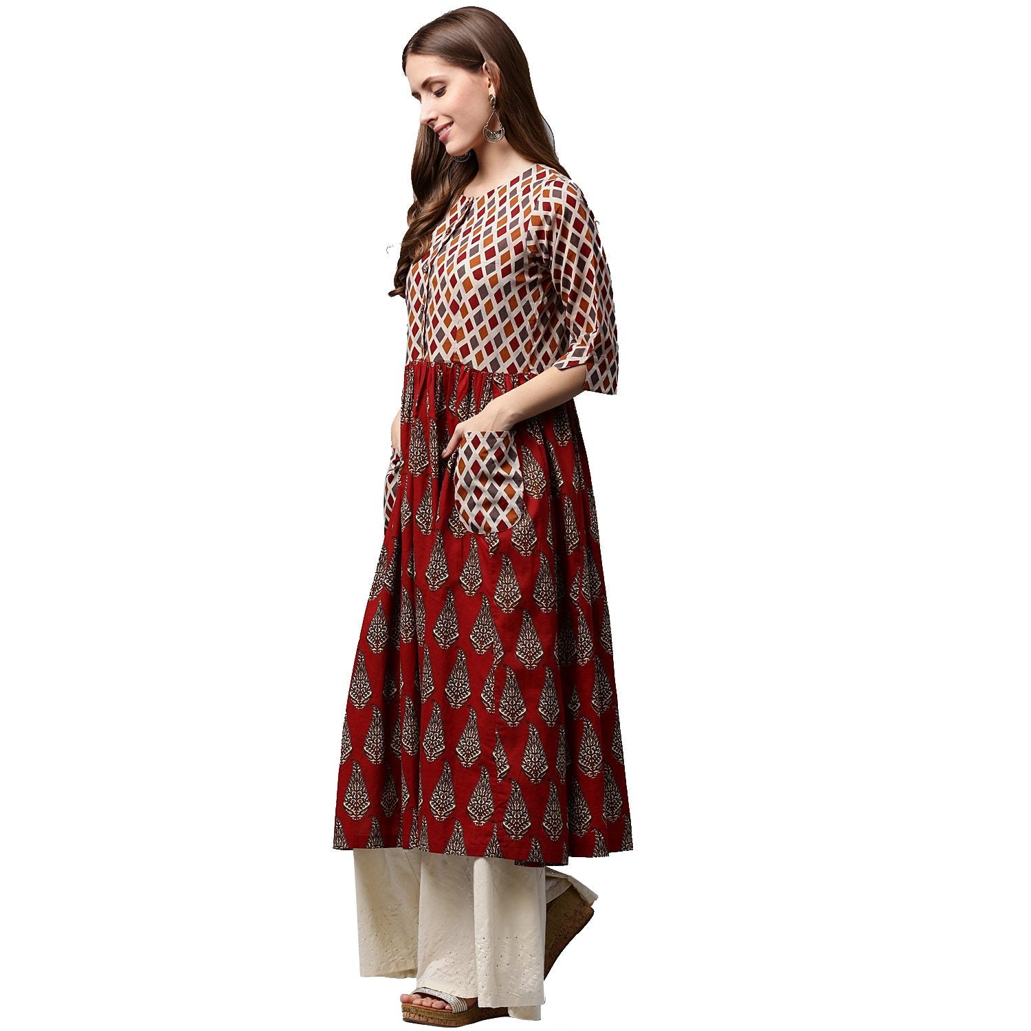 Women's Red Printed 3/4Th Sleeve Cotton Anarkali Kurta - Nayo Clothing