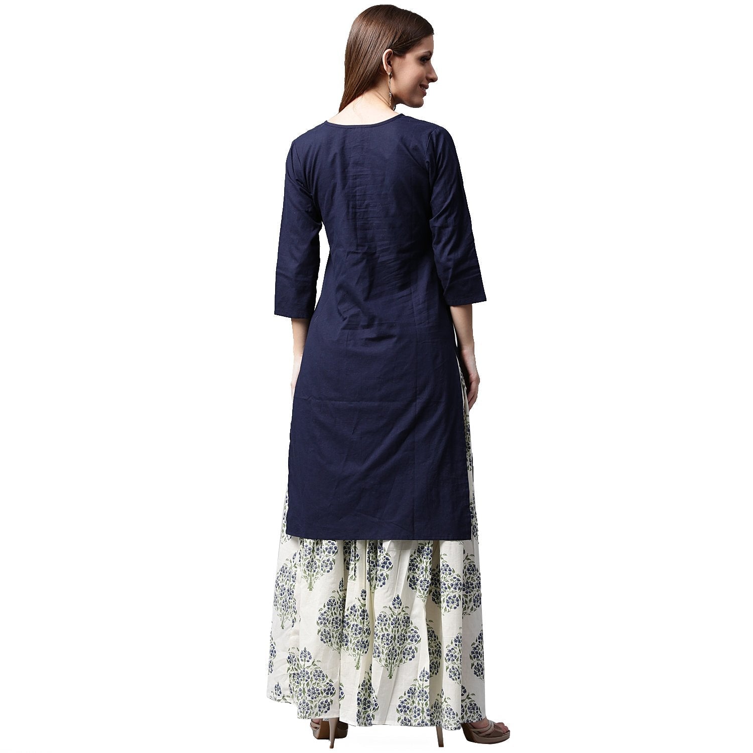 Women's Blue 3/4Th Sleeve Cotton Kurta With White Printed Skirt - Nayo Clothing