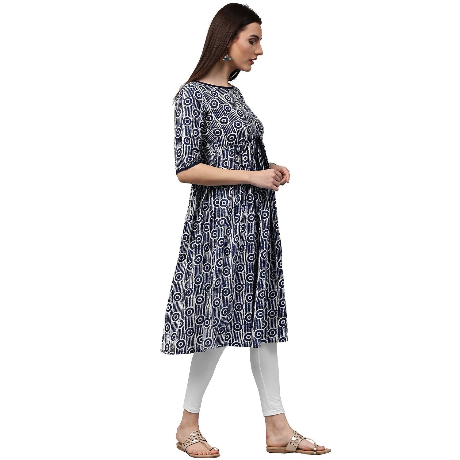 Women's Blue Printed Half Sleeve Cotton Cropped Anarkali Kurta - Nayo Clothing
