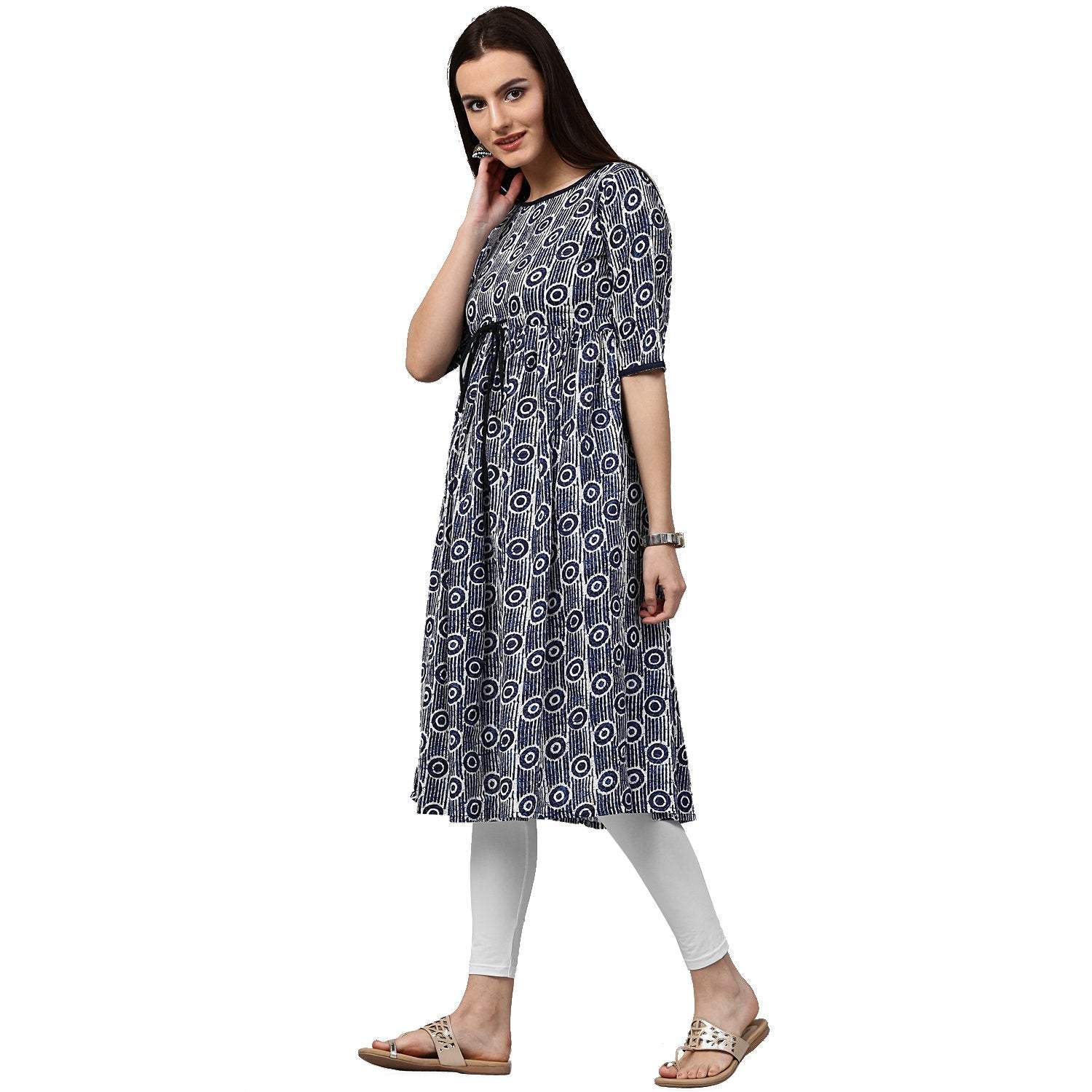 Women's Blue Printed Half Sleeve Cotton Cropped Anarkali Kurta - Nayo Clothing