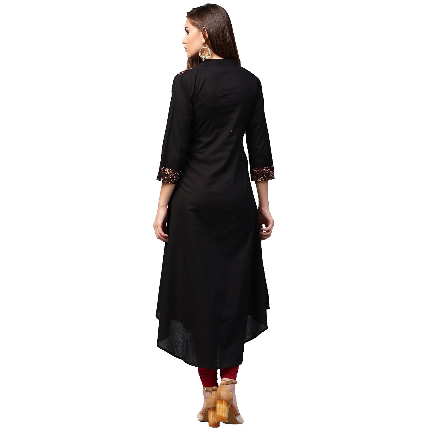 Women's Black & Golden Printed 3/4Th Sleeve Cotton A-Line Kurta - Nayo Clothing