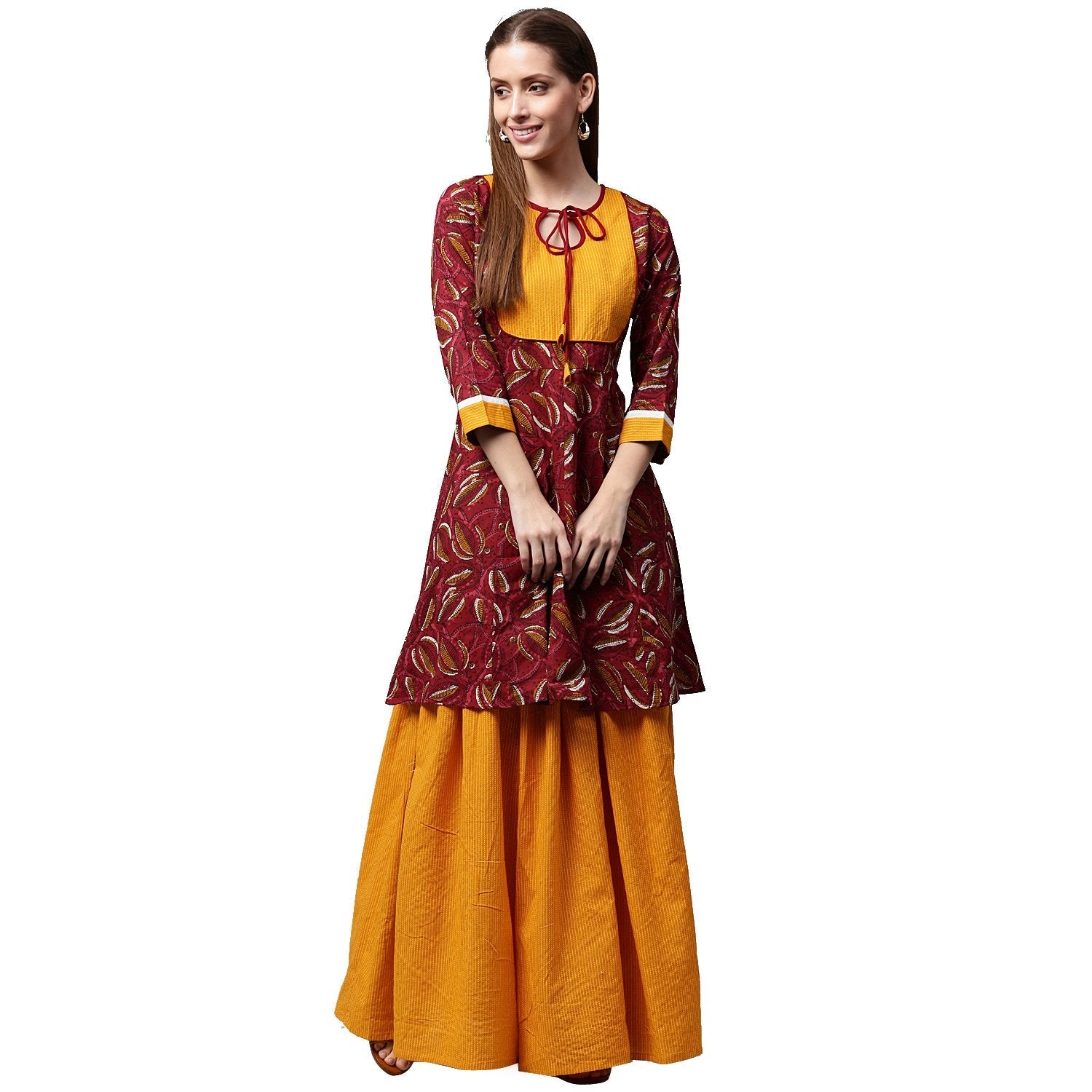 Women's Red Printed 3/4Th Sleeve Cropped Anarkali Kurta With Yellow Printed Skirt - Nayo Clothing