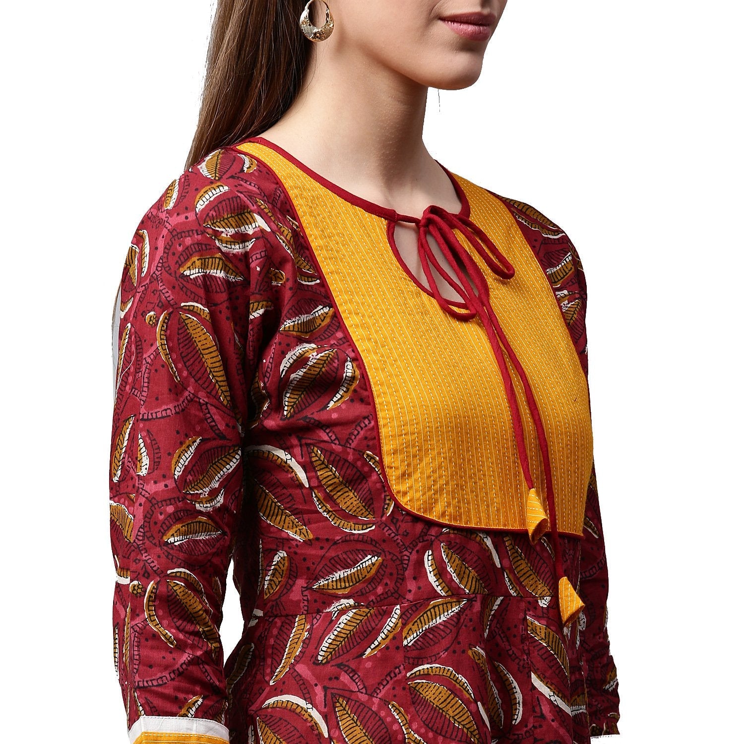 Women's Red Printed 3/4Th Sleeve Cropped Anarkali Kurta With Yellow Printed Skirt - Nayo Clothing