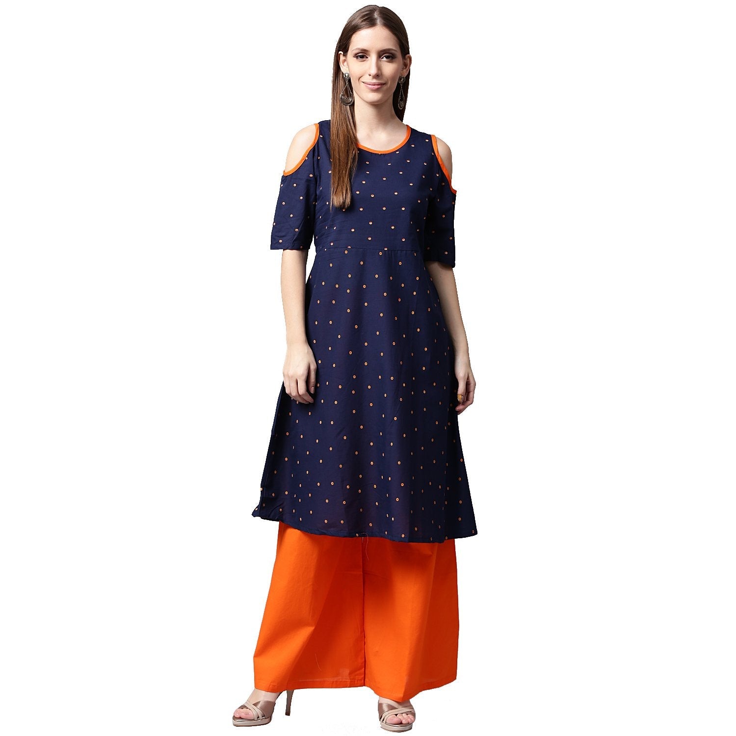Women's Blue Printed Half Sleeve Cotton Kurta With Orange Palazzos - Nayo Clothing