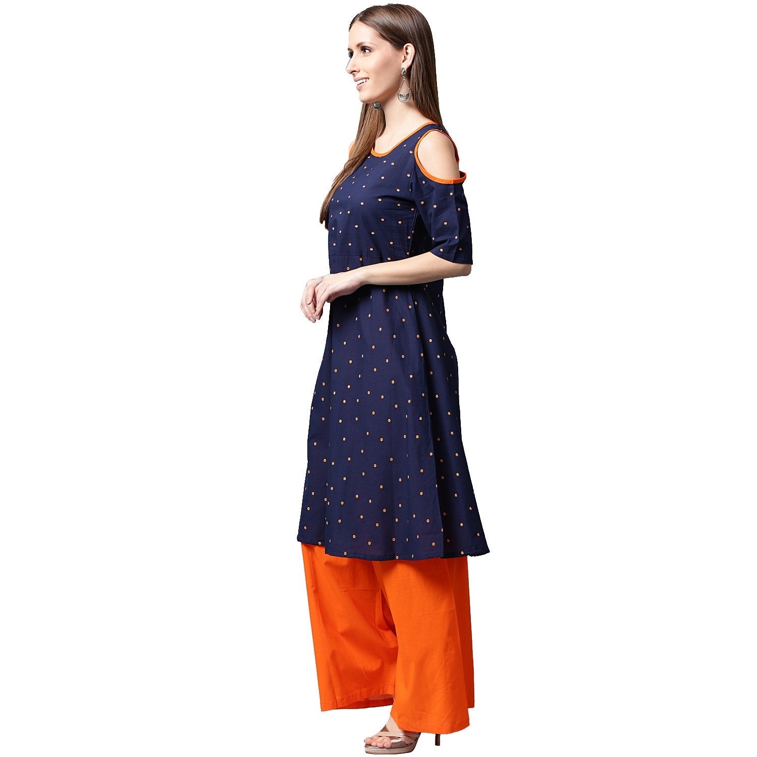 Women's Blue Printed Half Sleeve Cotton Kurta With Orange Palazzos - Nayo Clothing