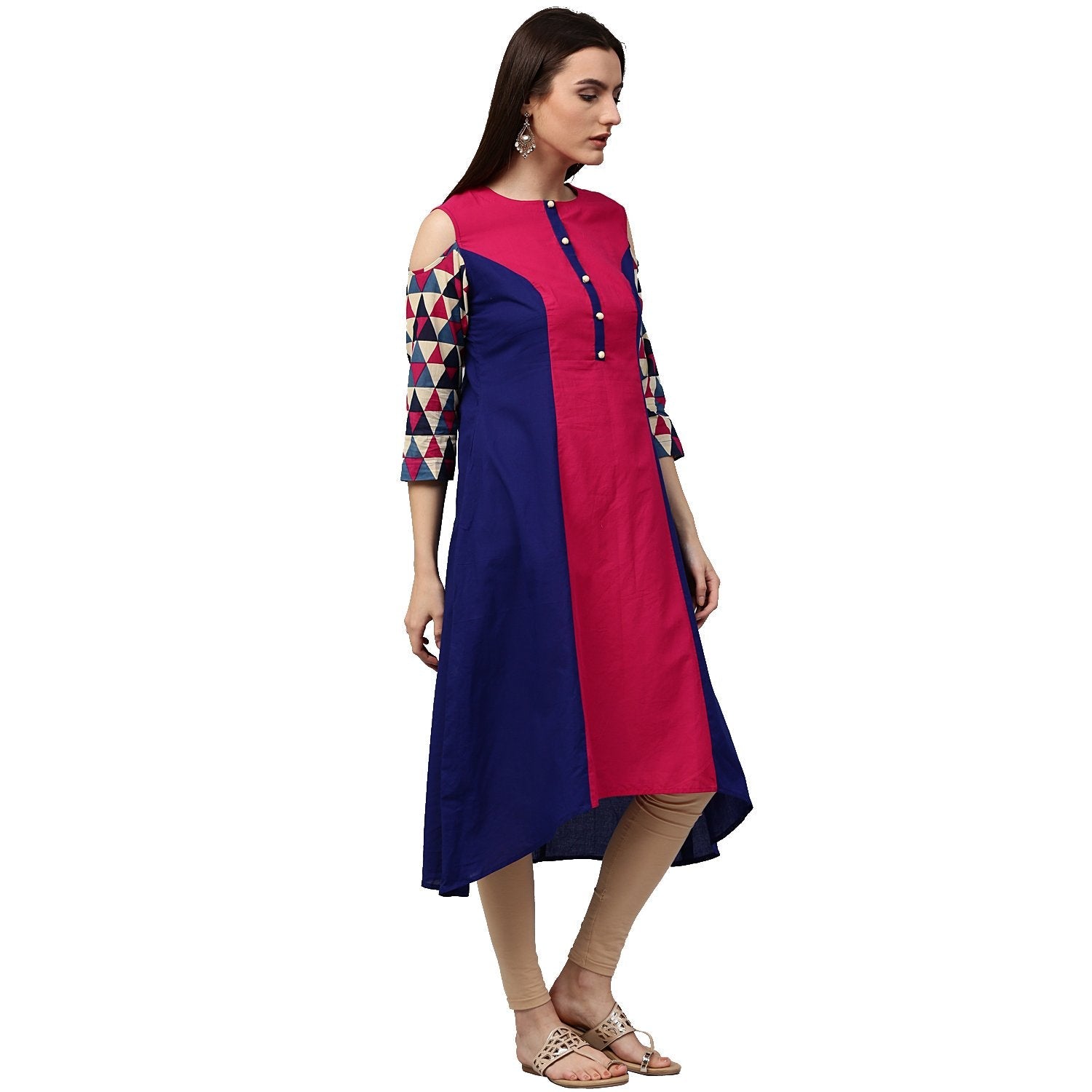 Women's Blue & Pink 3/4Th Sleeve Cotton Kurta - Nayo Clothing