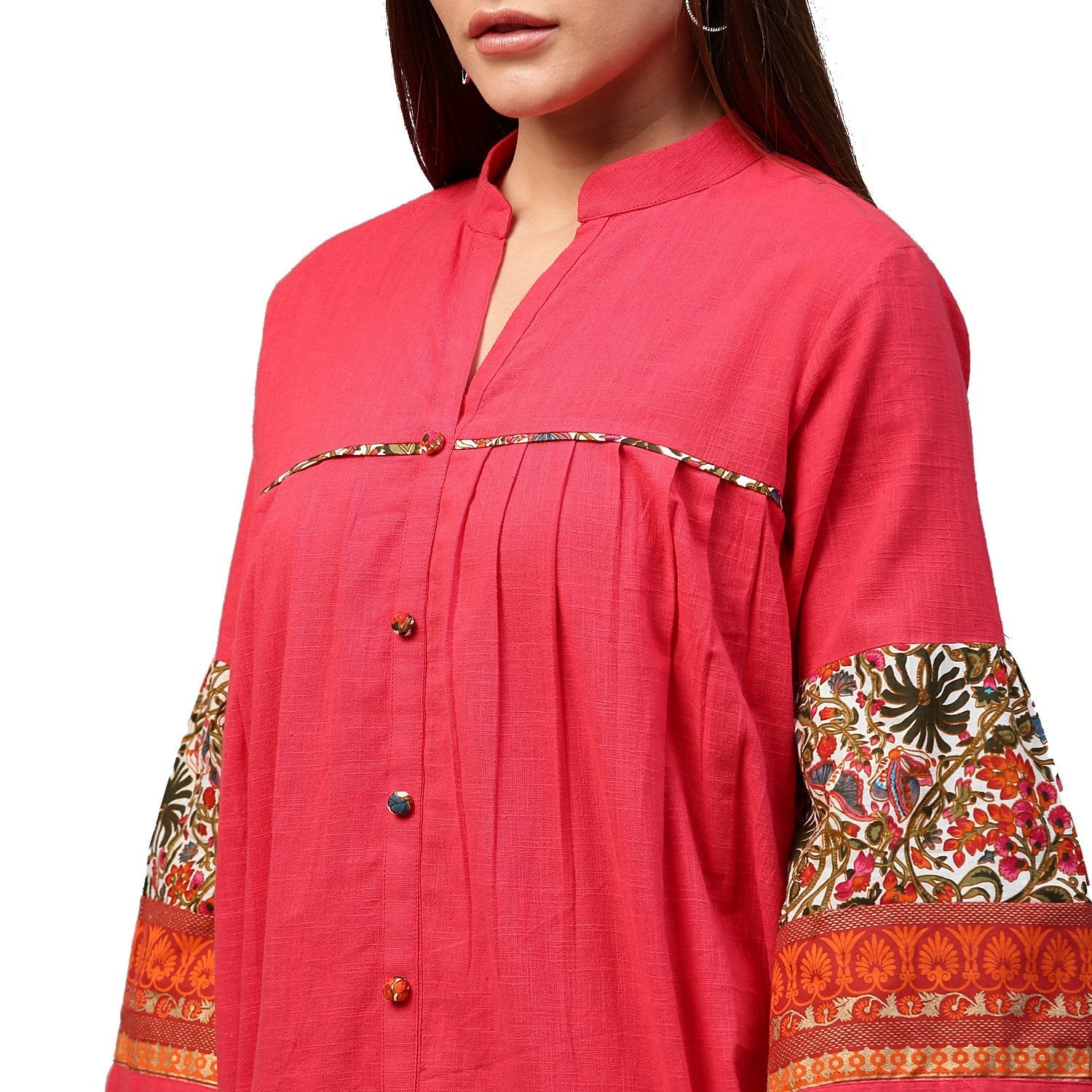 Women's Peach 3/4Th Sleeve Cotton Tunics With Button Work - Nayo Clothing