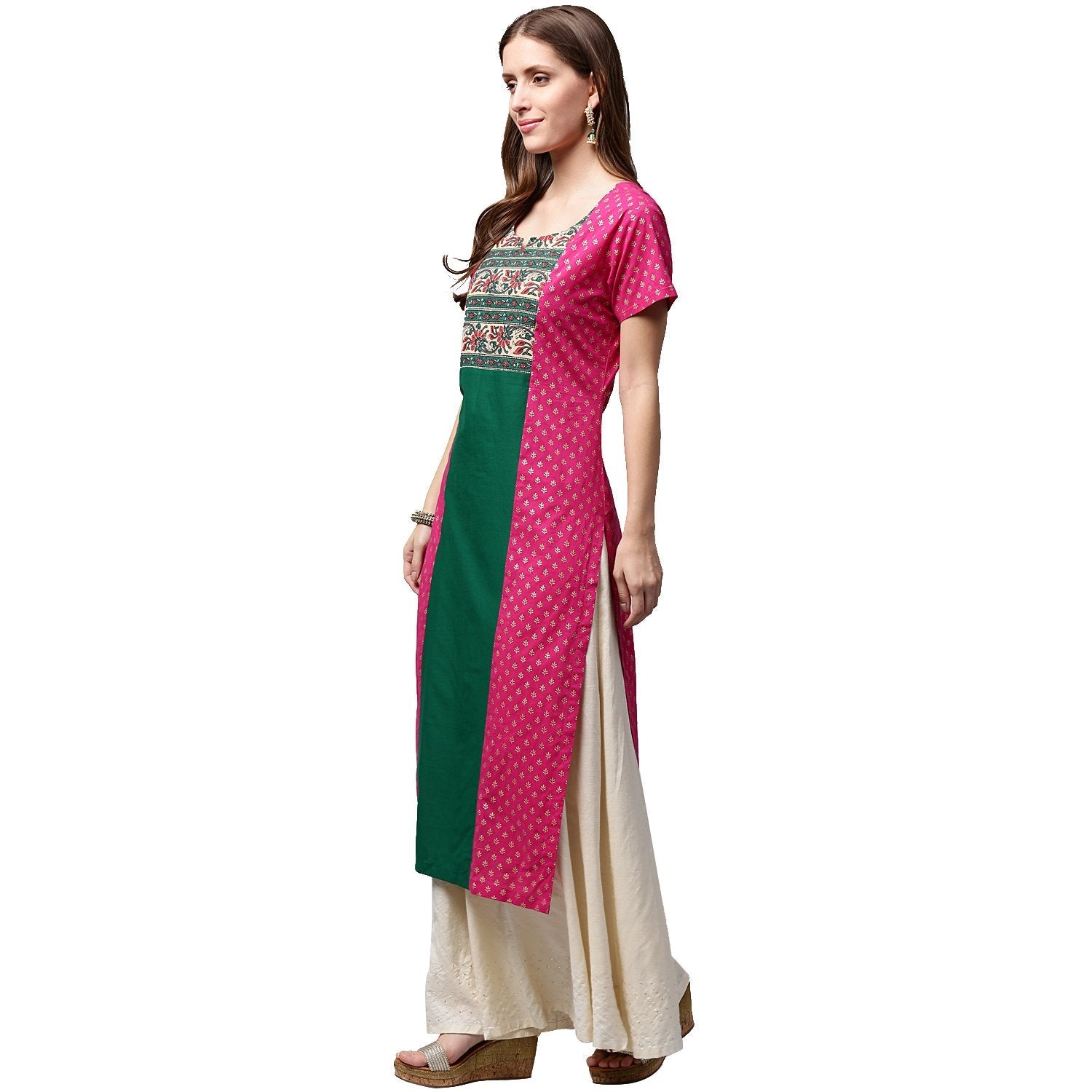 Women's Pink & Green Printed Short Sleeve Cotton A-Line Kurta - Nayo Clothing
