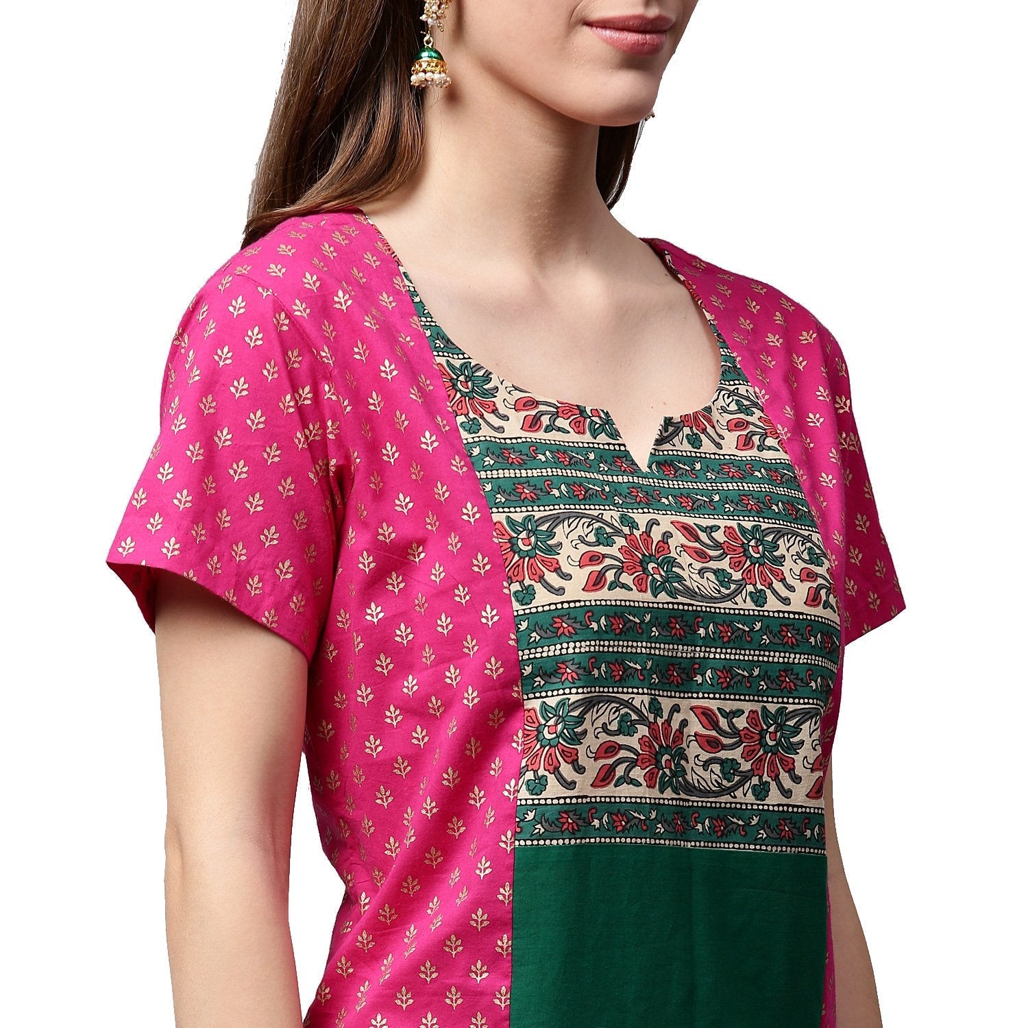 Women's Pink & Green Printed Short Sleeve Cotton A-Line Kurta - Nayo Clothing