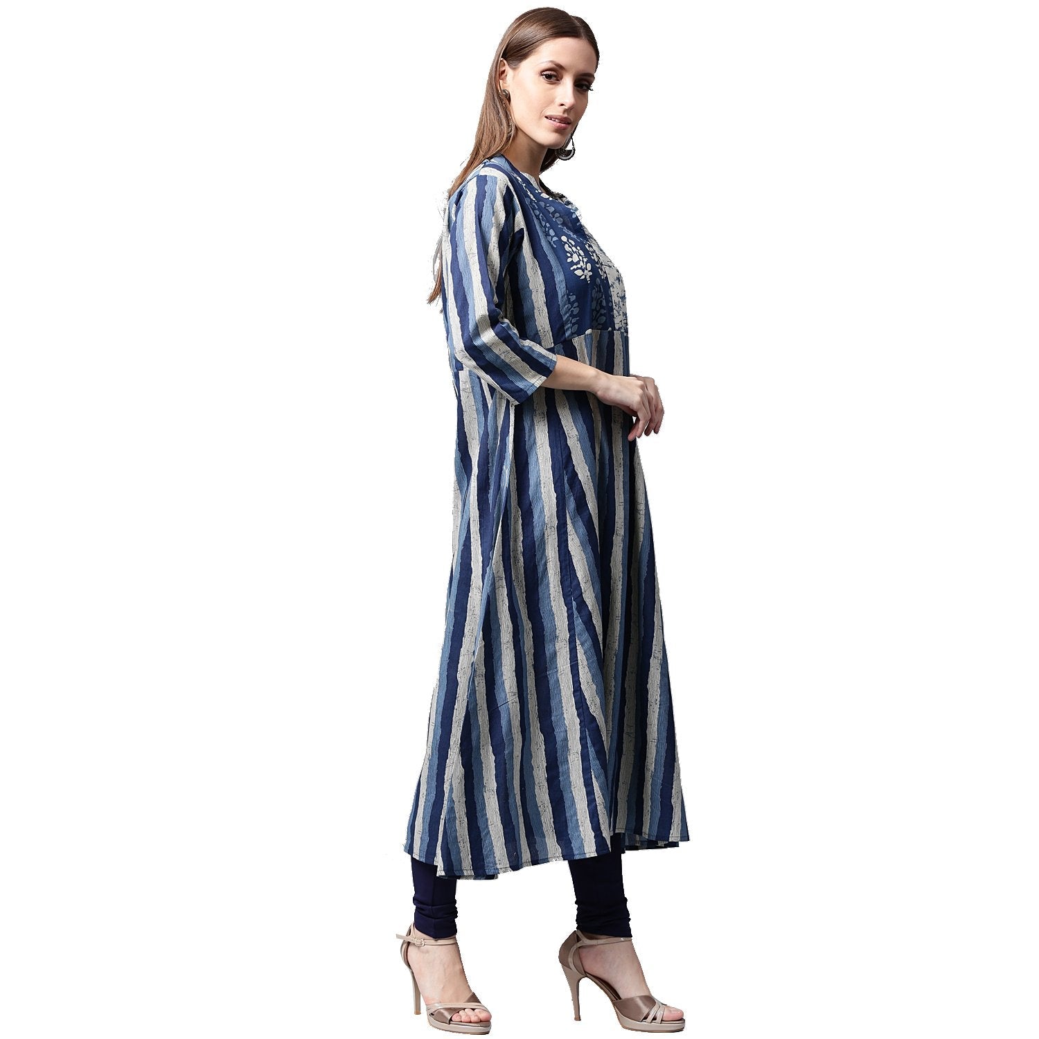 Women's Blue Printed 3/4Th Sleeve Cotton A-Line Kurta - Nayo Clothing