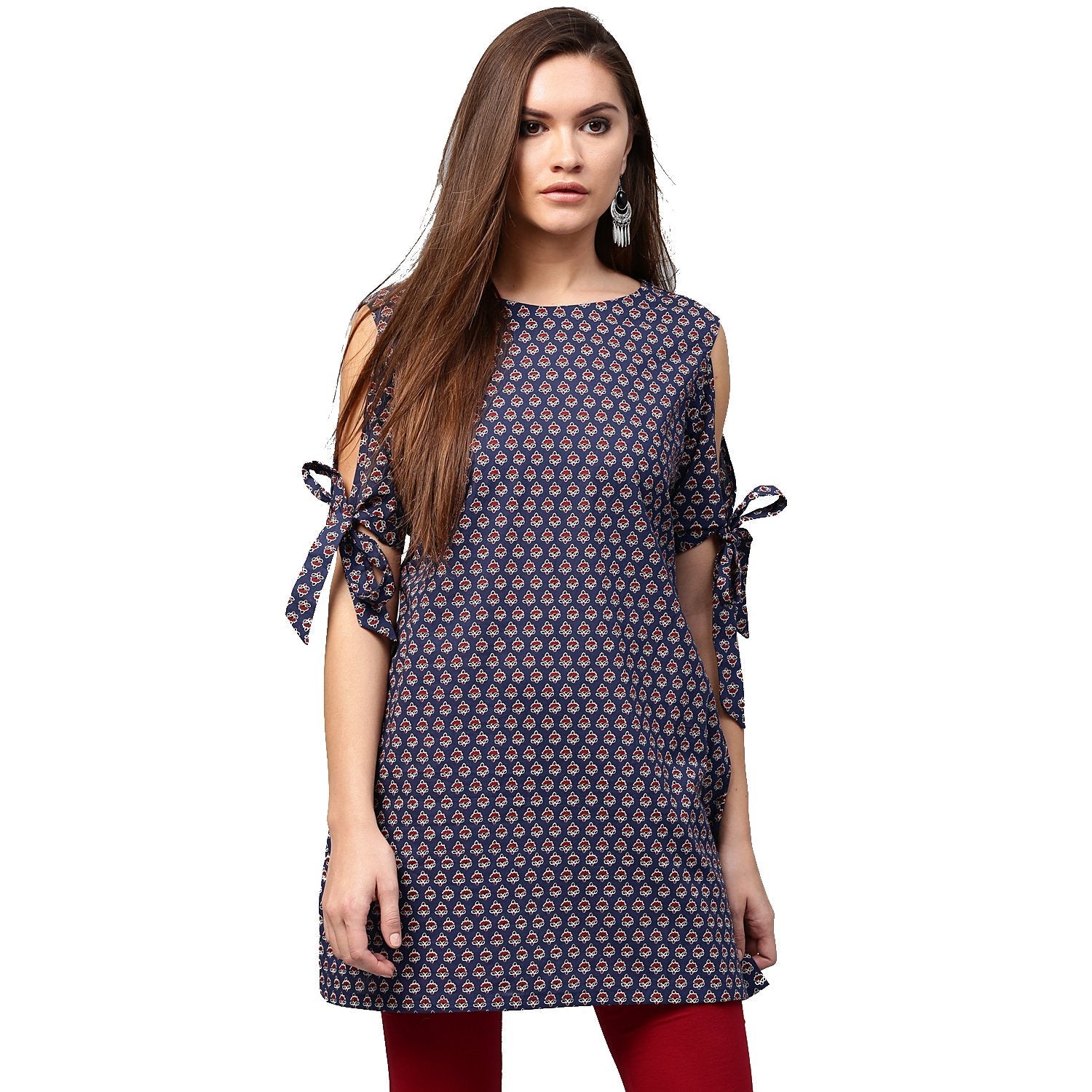 Women's Blue Printed Half Sleeve With Cold Shoulder Cotton Tunic - Nayo Clothing