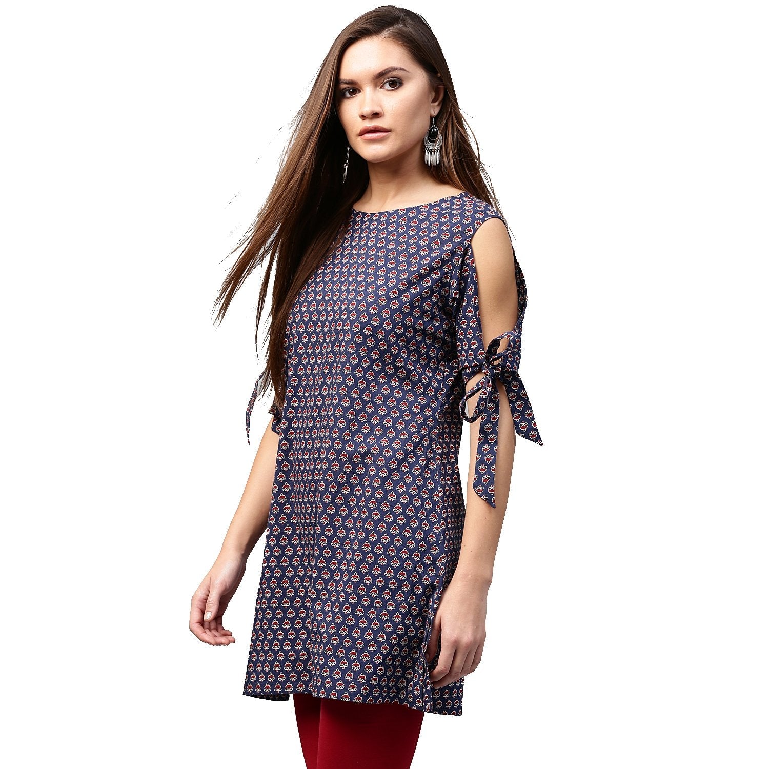 Women's Blue Printed Half Sleeve With Cold Shoulder Cotton Tunic - Nayo Clothing