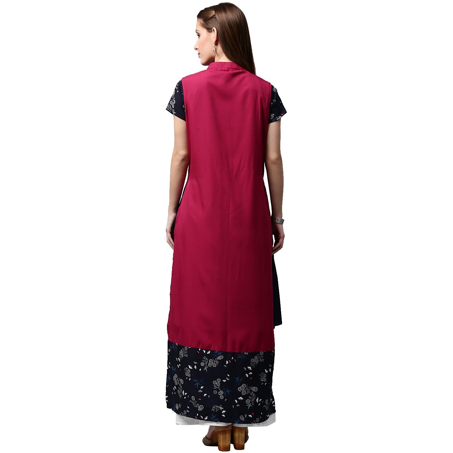 Women's Blue Printed Short Sleeve Crepe A-Line Kurta With Pink Jacket - Nayo Clothing