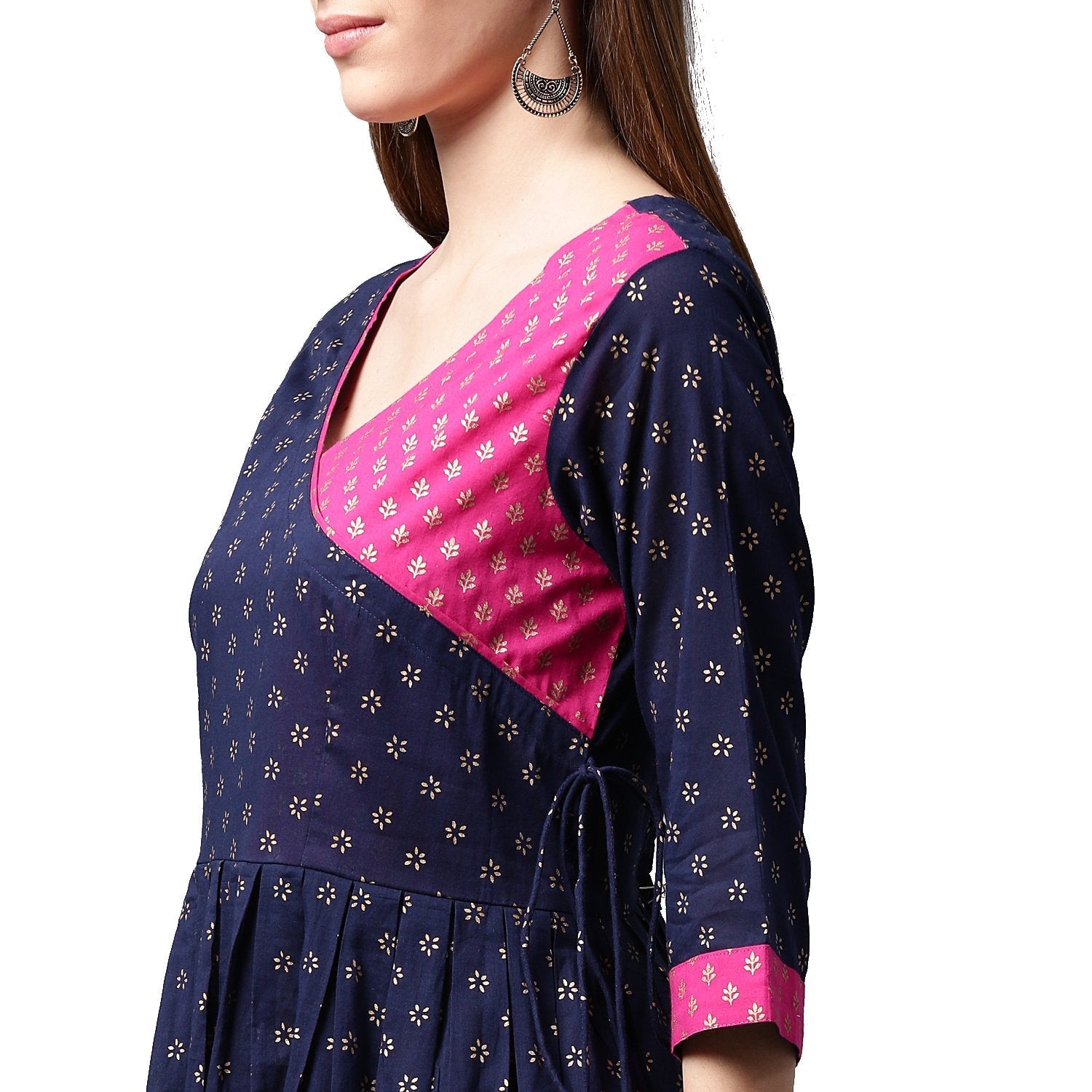 Women's Navy Blue Printed 3/4Th Sleeve Cotton Anghrakha Style Anarkali Kurta - Nayo Clothing