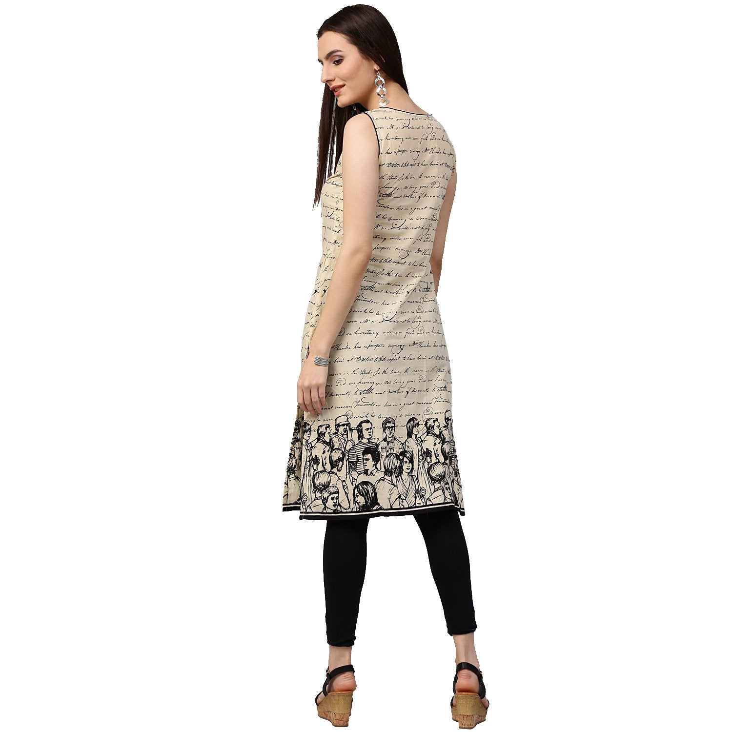 Women's Off White Printed Sleeveless Cotton Kurta - Nayo Clothing