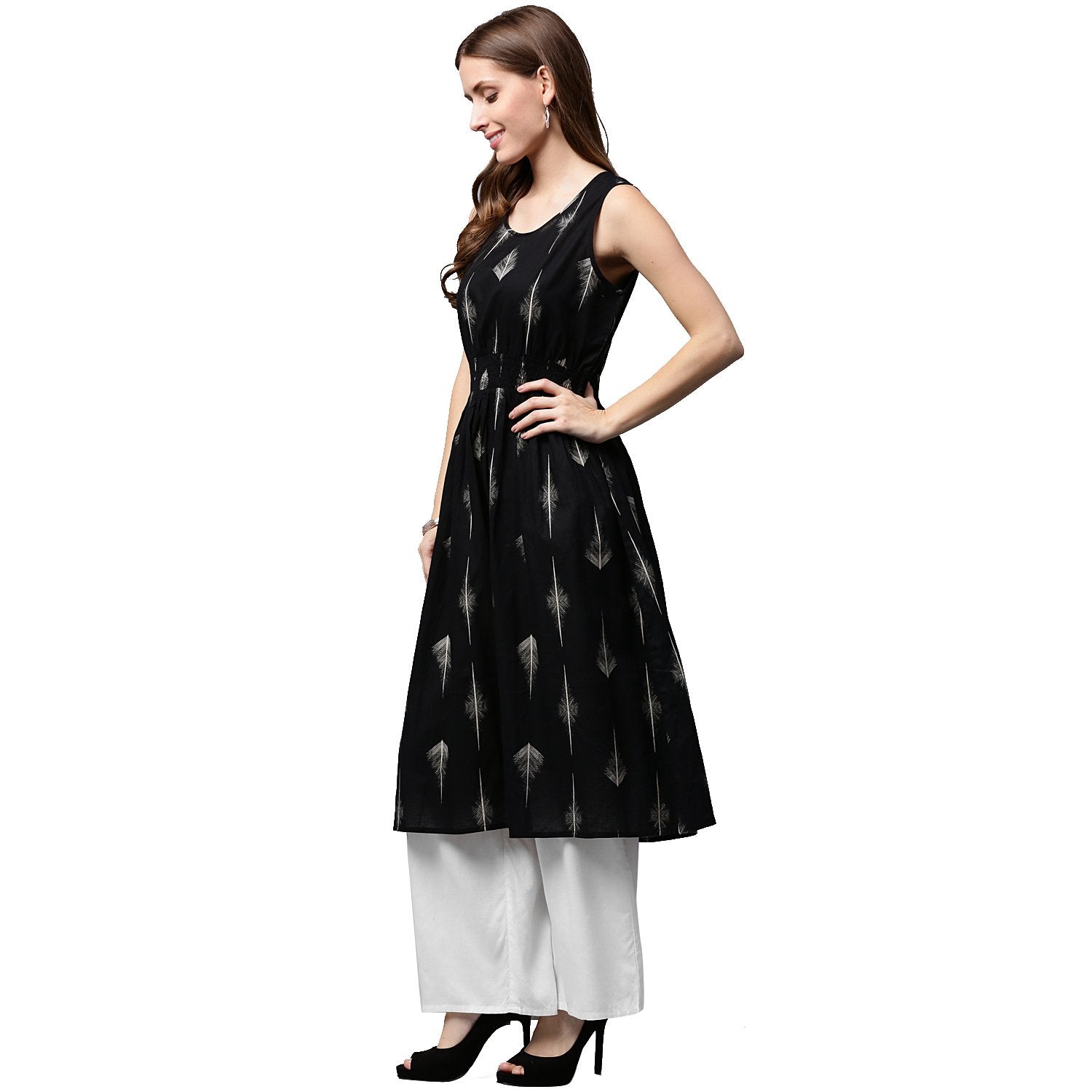 Women's Black Printed Sleeveless Cotton A-Line Kurta - Nayo Clothing