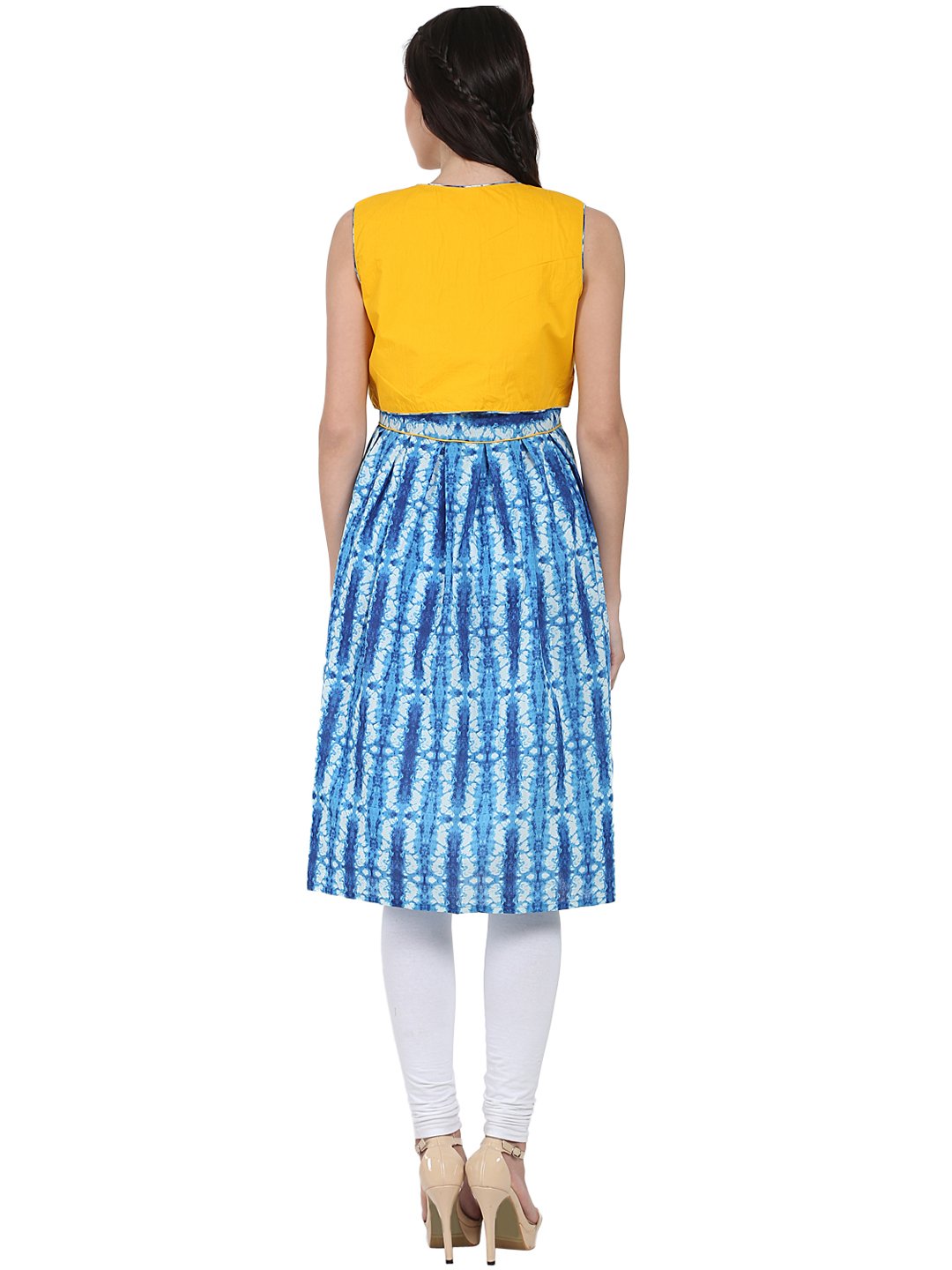 Women's Blue Printed Sleeveless Cotton Anarkali Kurta With Yellow Jacket - Nayo Clothing