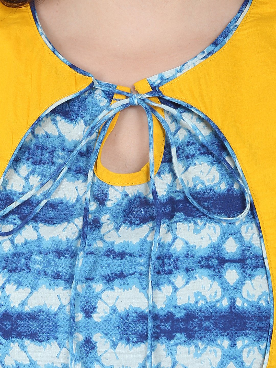 Women's Blue Printed Sleeveless Cotton Anarkali Kurta With Yellow Jacket - Nayo Clothing