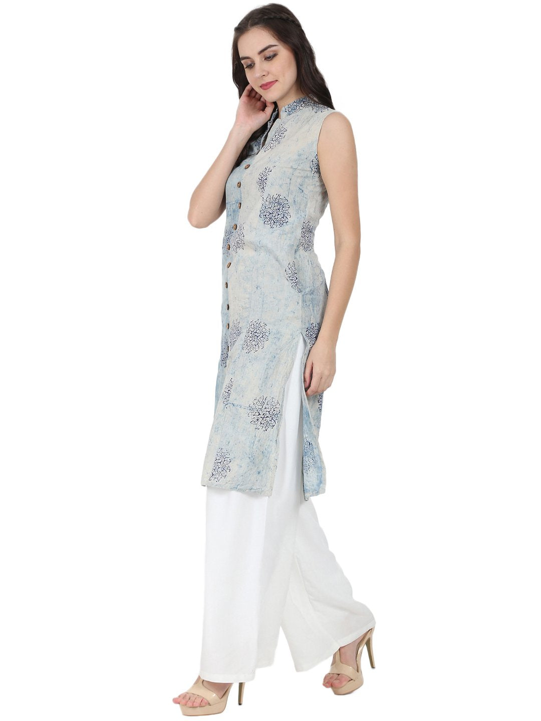 Women's Blue Printed Sleeveless Cotton A-Line Kurta - Nayo Clothing