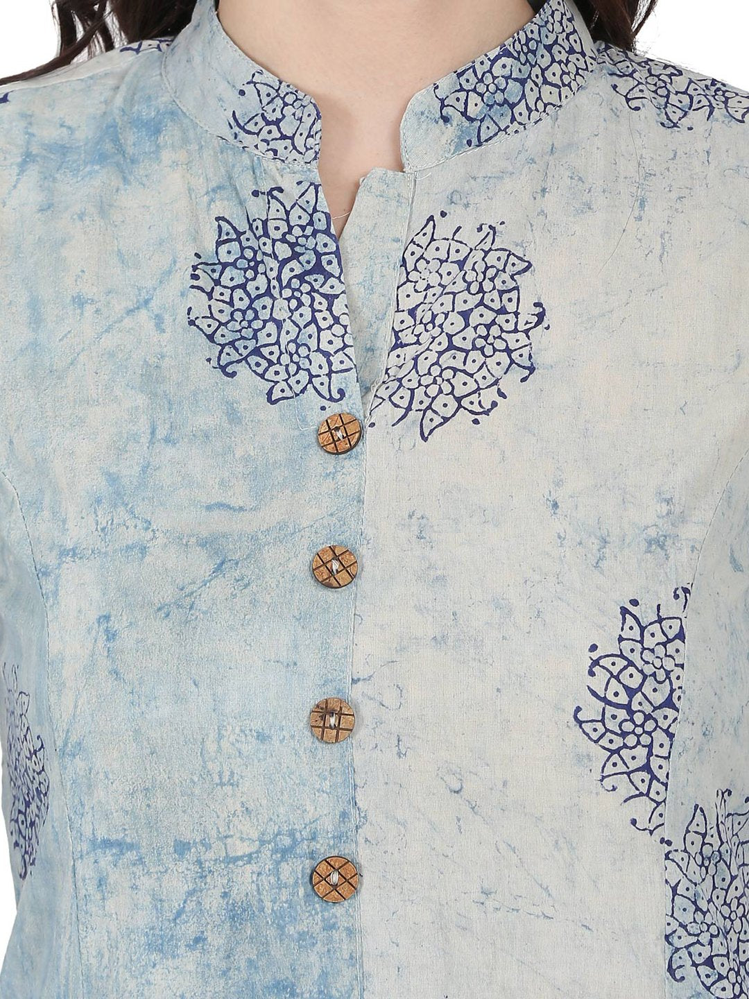 Women's Blue Printed Sleeveless Cotton A-Line Kurta - Nayo Clothing