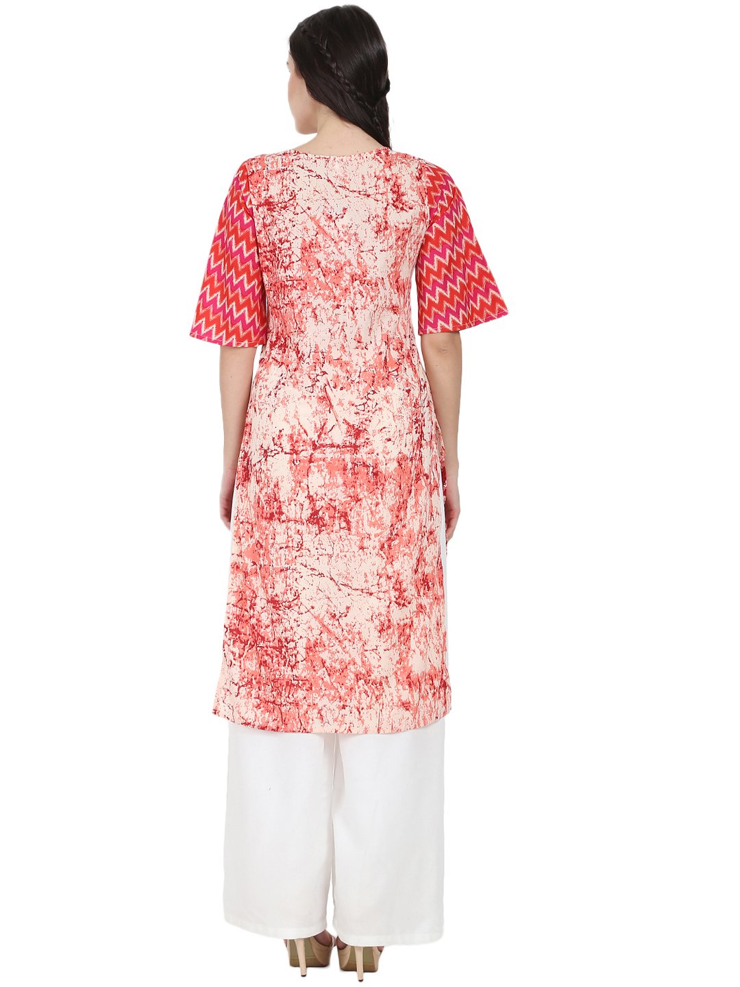 Women's Peach Printed 3/4Th Sleeve Cotton Kurta - Nayo Clothing