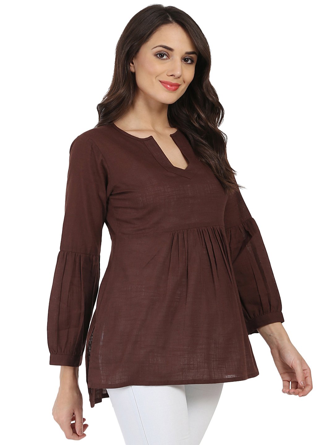 Women's Coffee Brown 3/4Th Sleeve Cotton Slub Tunic - Nayo Clothing