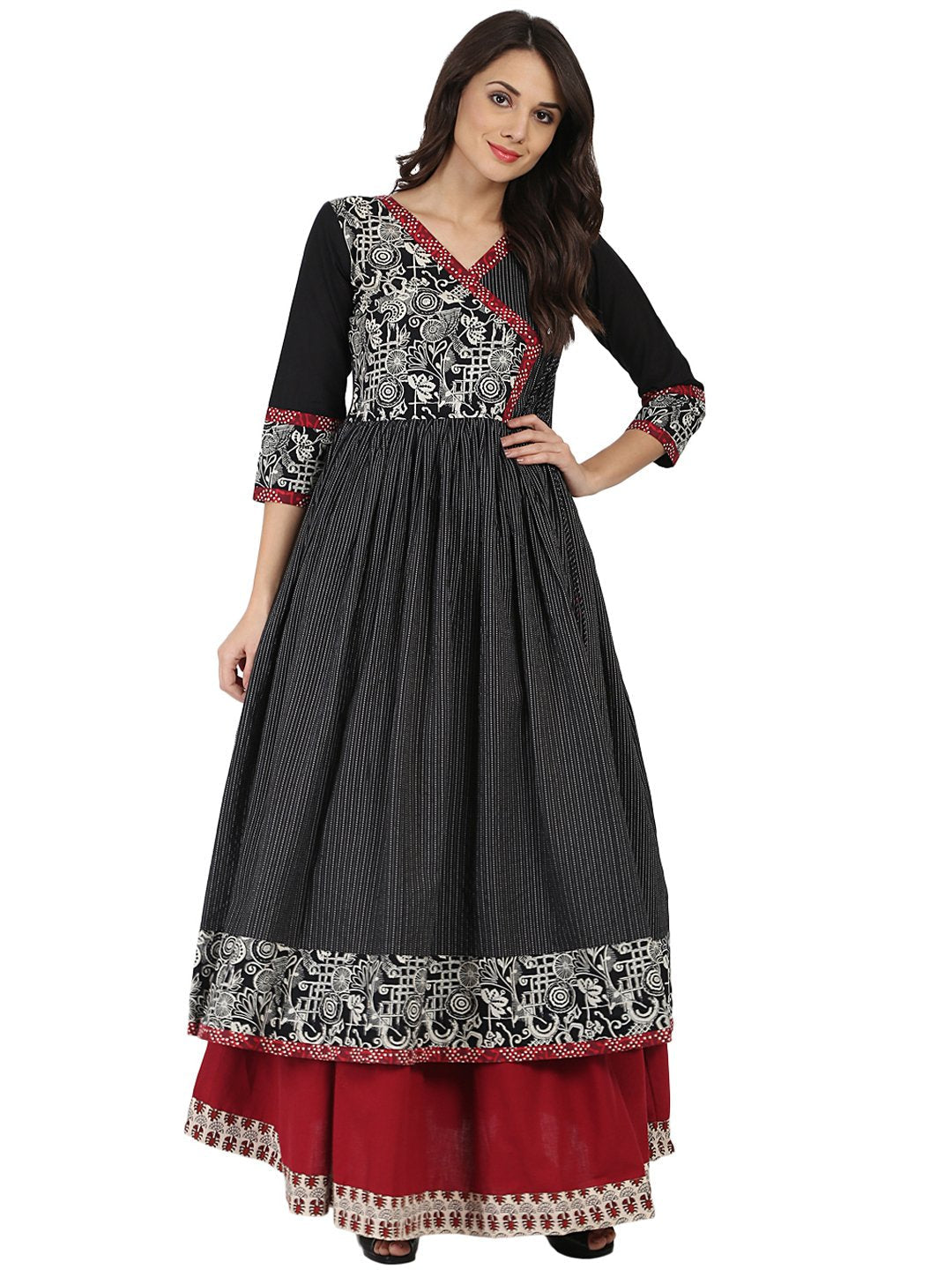 Women's Black Printed 3/4Th Sleeve Cotton Angrakha Style Kurta - Nayo Clothing