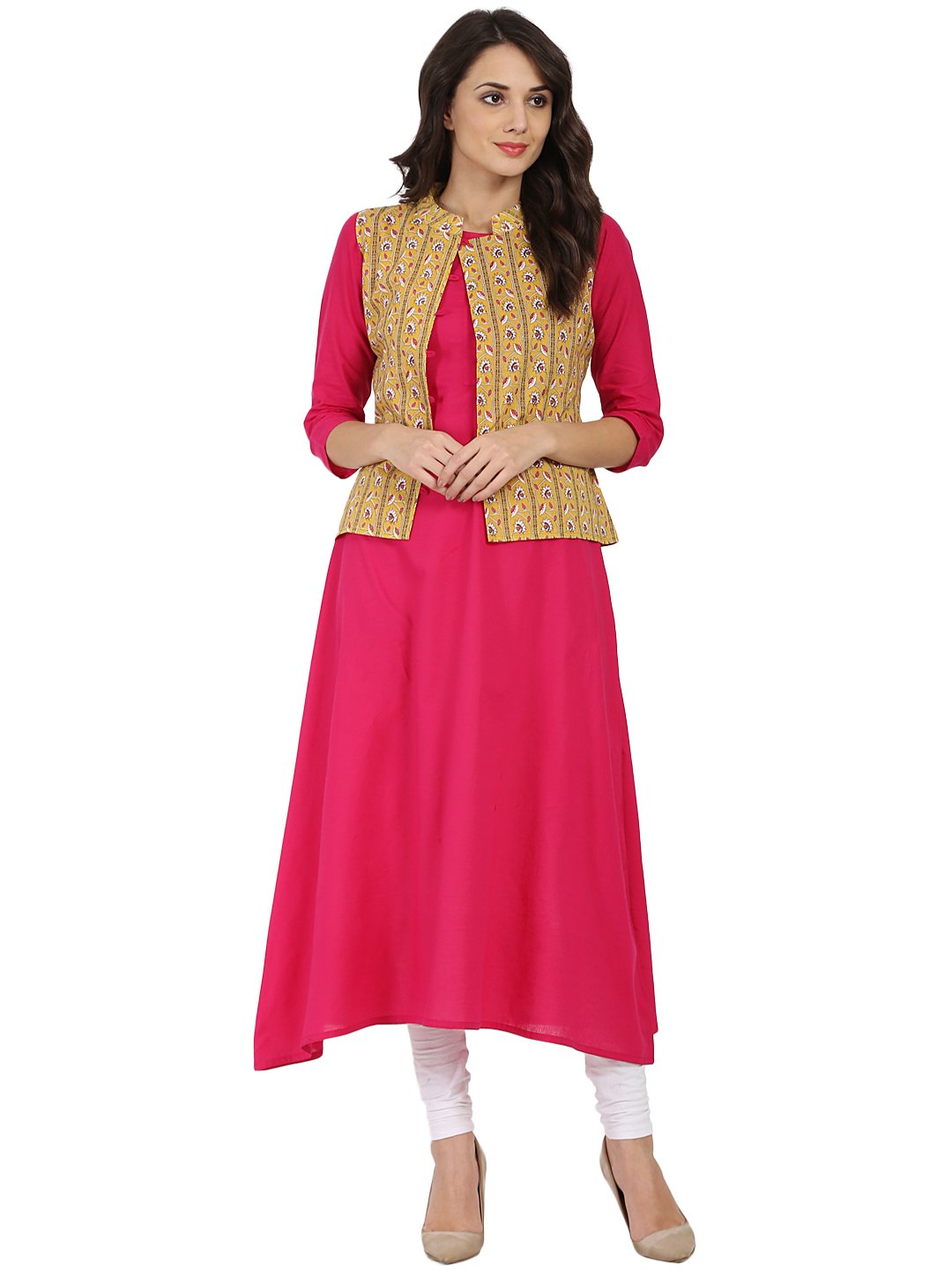 Women's Pink 3/4Th Sleeve Cotton A-Line Kurta With Yellow Printed Jacket - Nayo Clothing