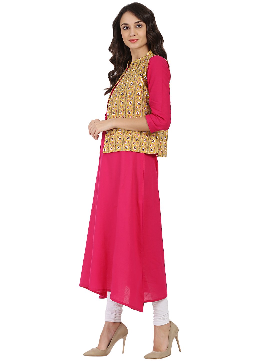 Women's Pink 3/4Th Sleeve Cotton A-Line Kurta With Yellow Printed Jacket - Nayo Clothing