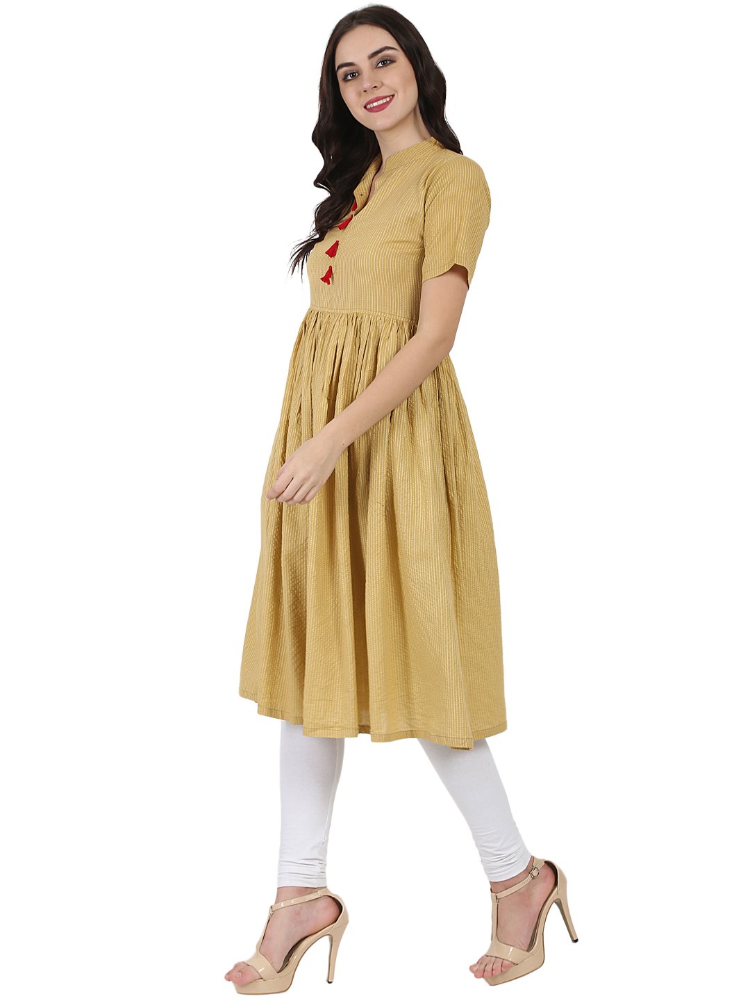 Women's Beige Half Sleeve Cotton Anarkali Kurta - Nayo Clothing