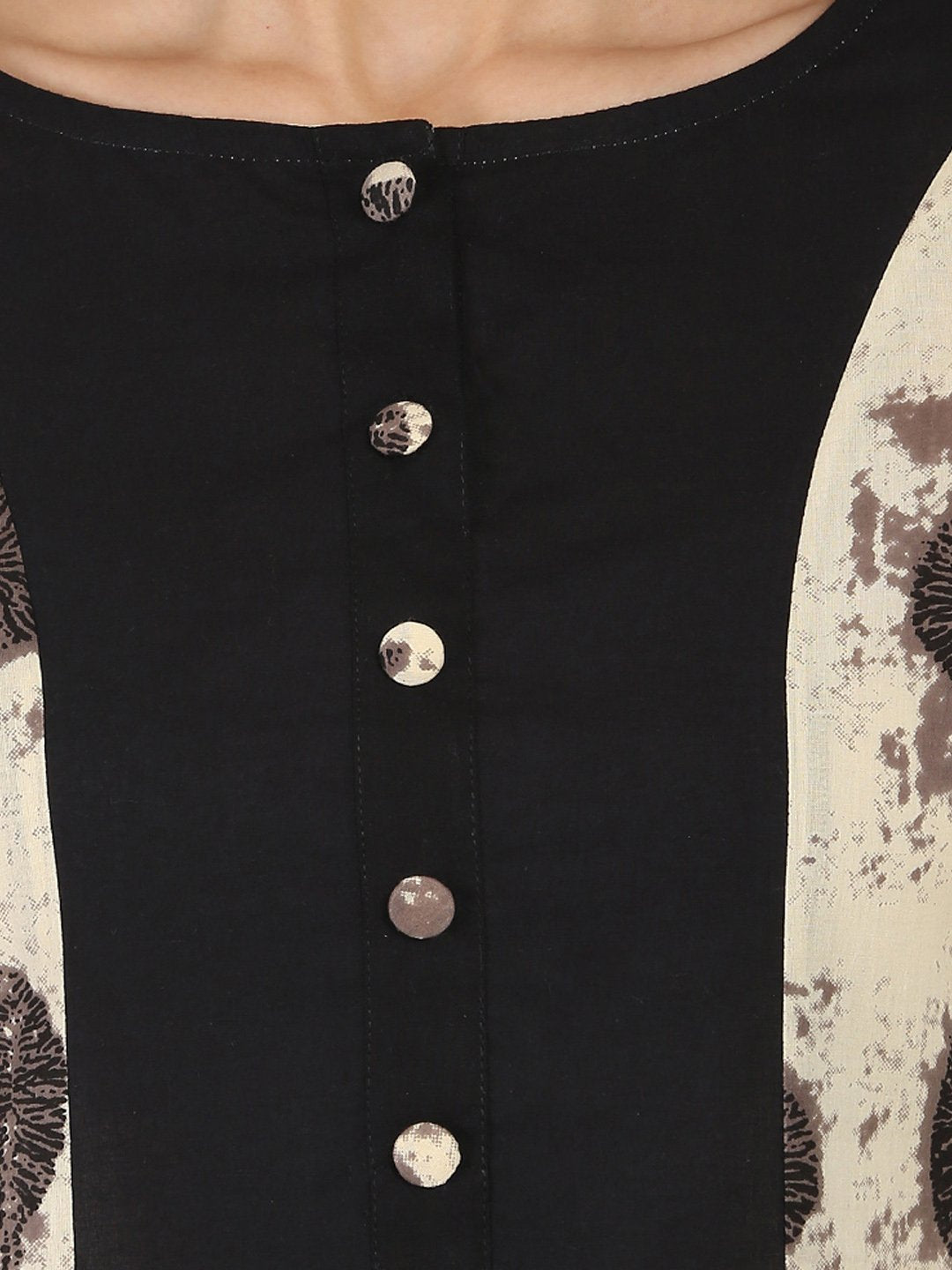Women's Black & Beige Printed 3/4Th Sleeve Cotton A-Line Kurta - Nayo Clothing
