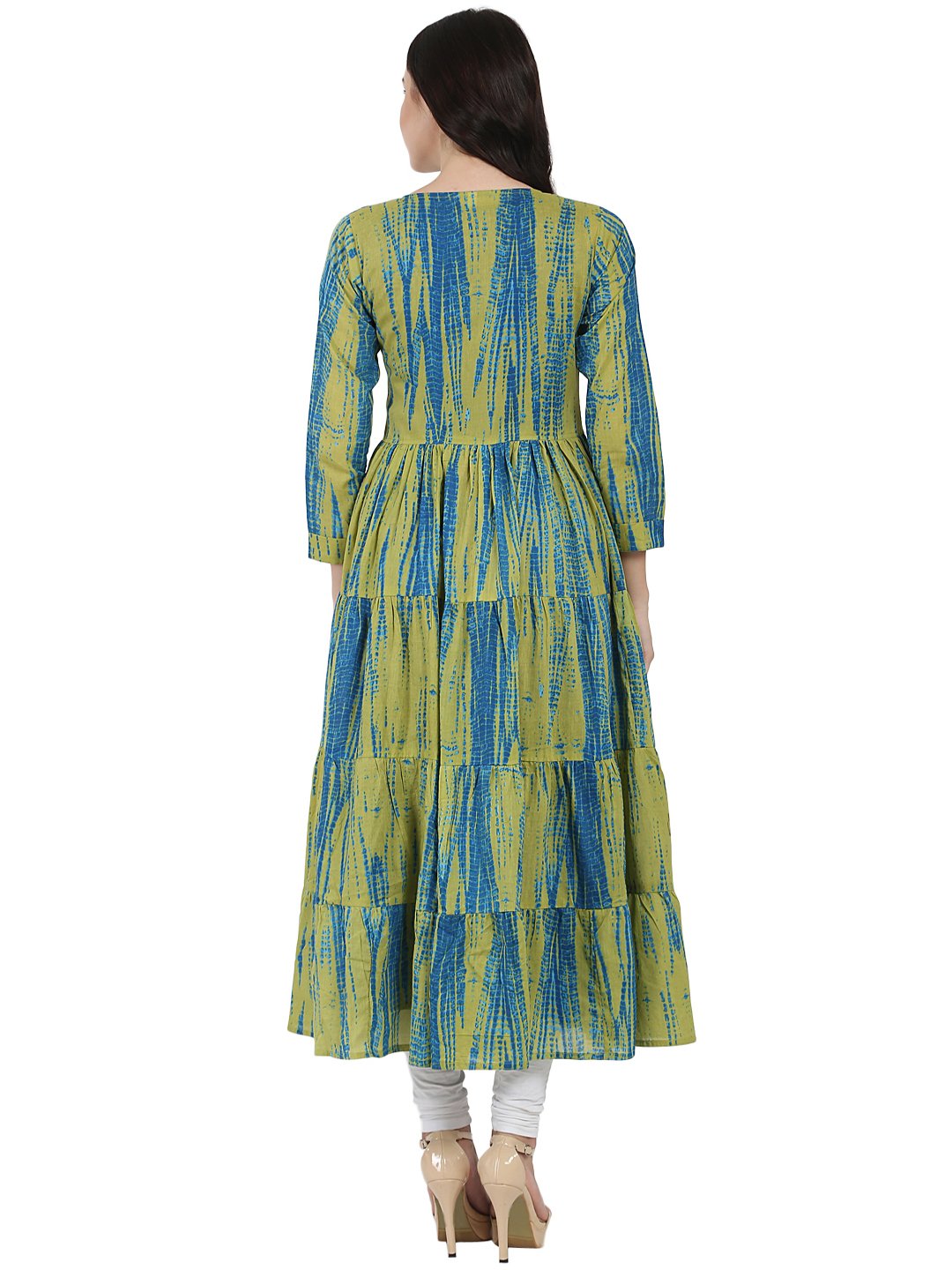 Women's Blue Printed Cotton Kurta With Green Printed Full Sleeve Tiered Anarkali Shape Ankle Length Jacket - Nayo Clothing