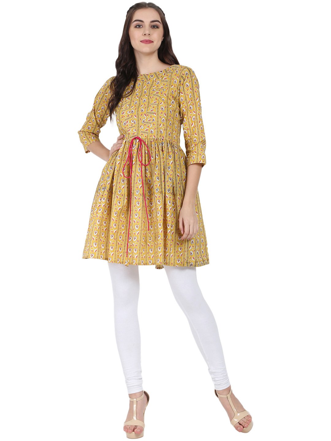 Women's Yellow Printed 3/4Th Sleeve Cotton Cropped Anarkali Kurta - Nayo Clothing