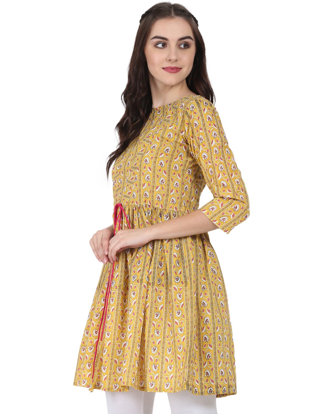 Women's Yellow Printed 3/4Th Sleeve Cotton Cropped Anarkali Kurta - Nayo Clothing