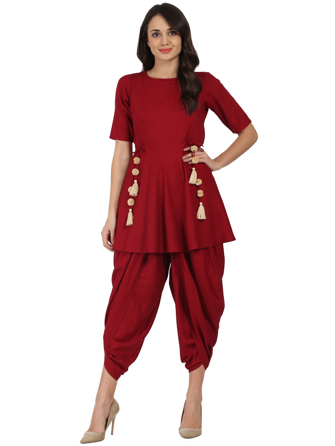 Women's Maroon Half Sleeve Rayon A-Line Kurta With Red Pleated Dhoti - Nayo Clothing