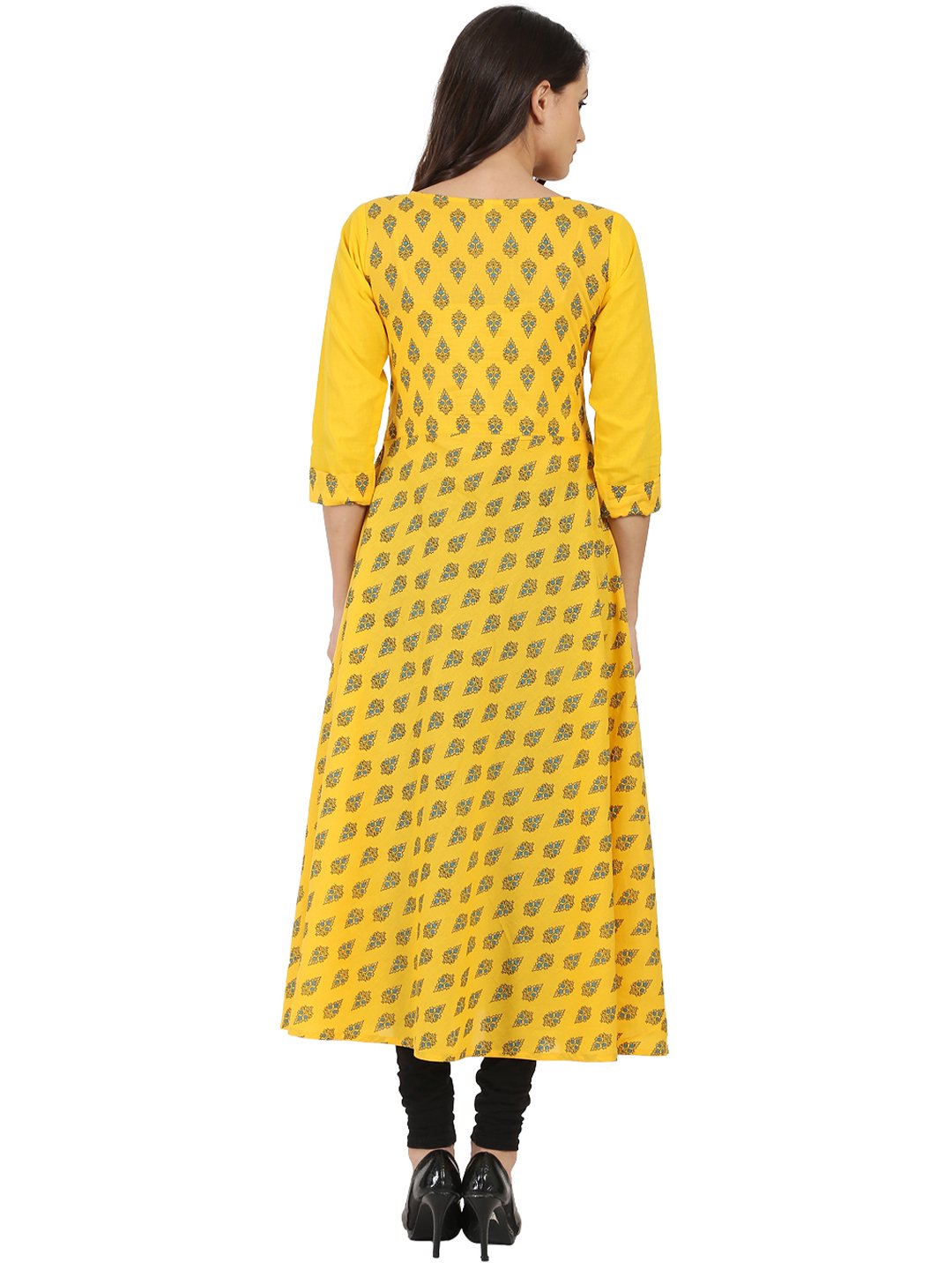 Women's Yellow Printed 3/4Th Sleeve Cotton Double Layer A-Line Kurta - Nayo Clothing