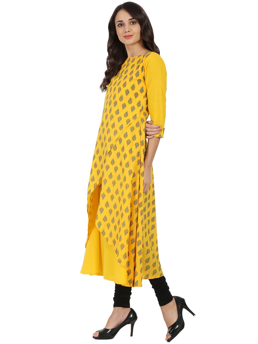 Women's Yellow Printed 3/4Th Sleeve Cotton Double Layer A-Line Kurta - Nayo Clothing