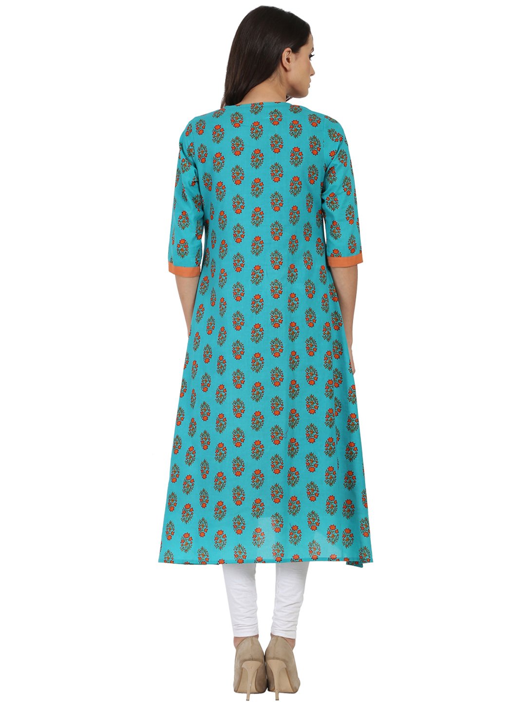 Women's Blue Printed 3/4Th Sleeve Cotton Double Layer A-Line Kurta - Nayo Clothing