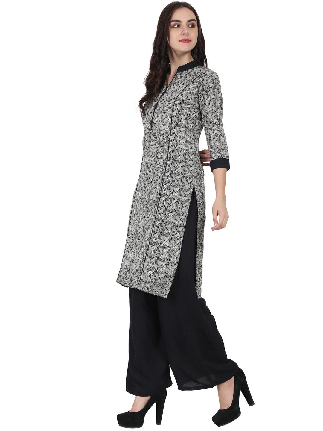 Women's Grey Printed 3/4Th Sleeve Cotton Kurta - Nayo Clothing