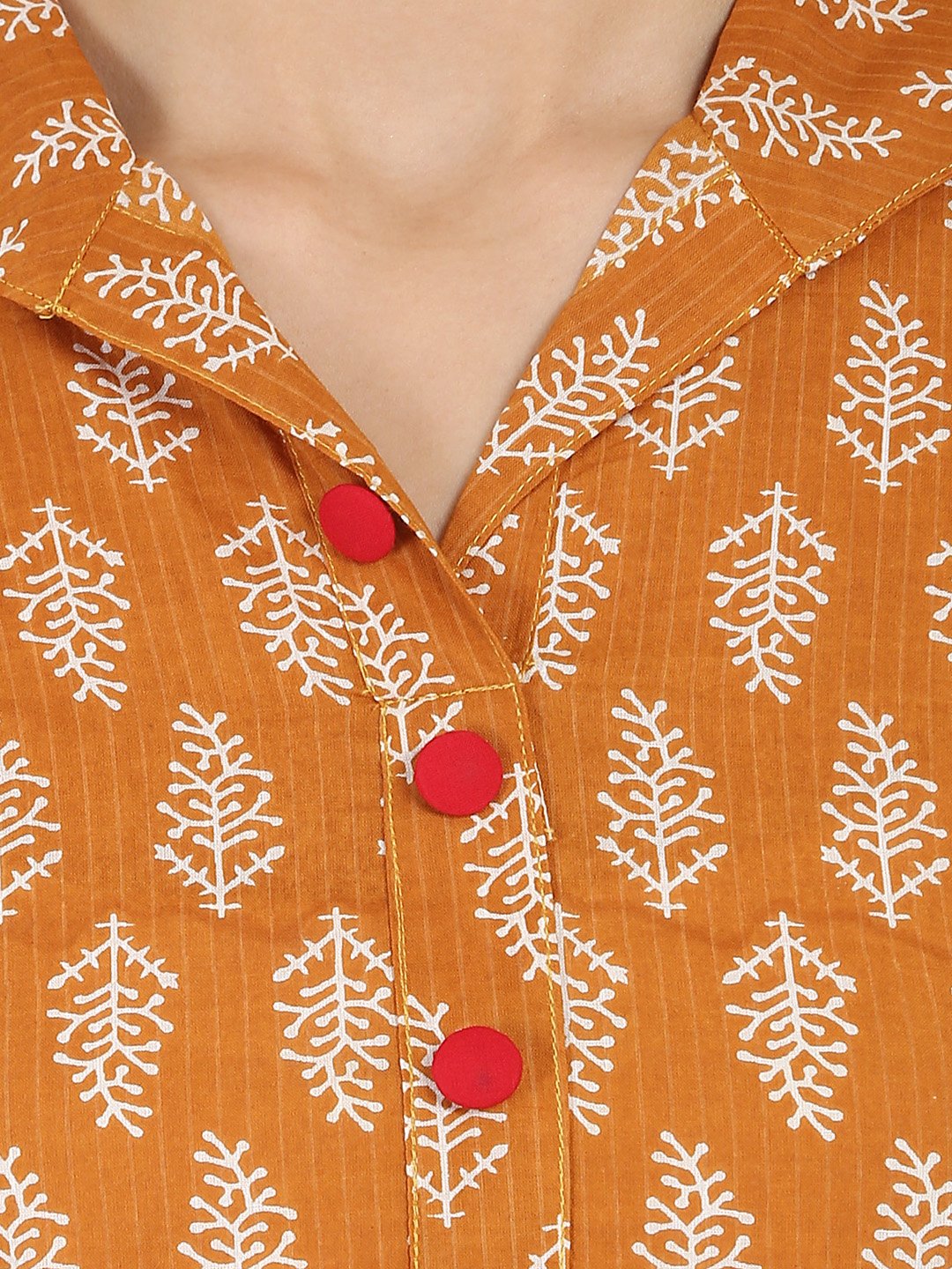 Women's Mustard Printed 3/4Th Sleeve Cotton Kurta With Button Work At Yoke - Nayo Clothing