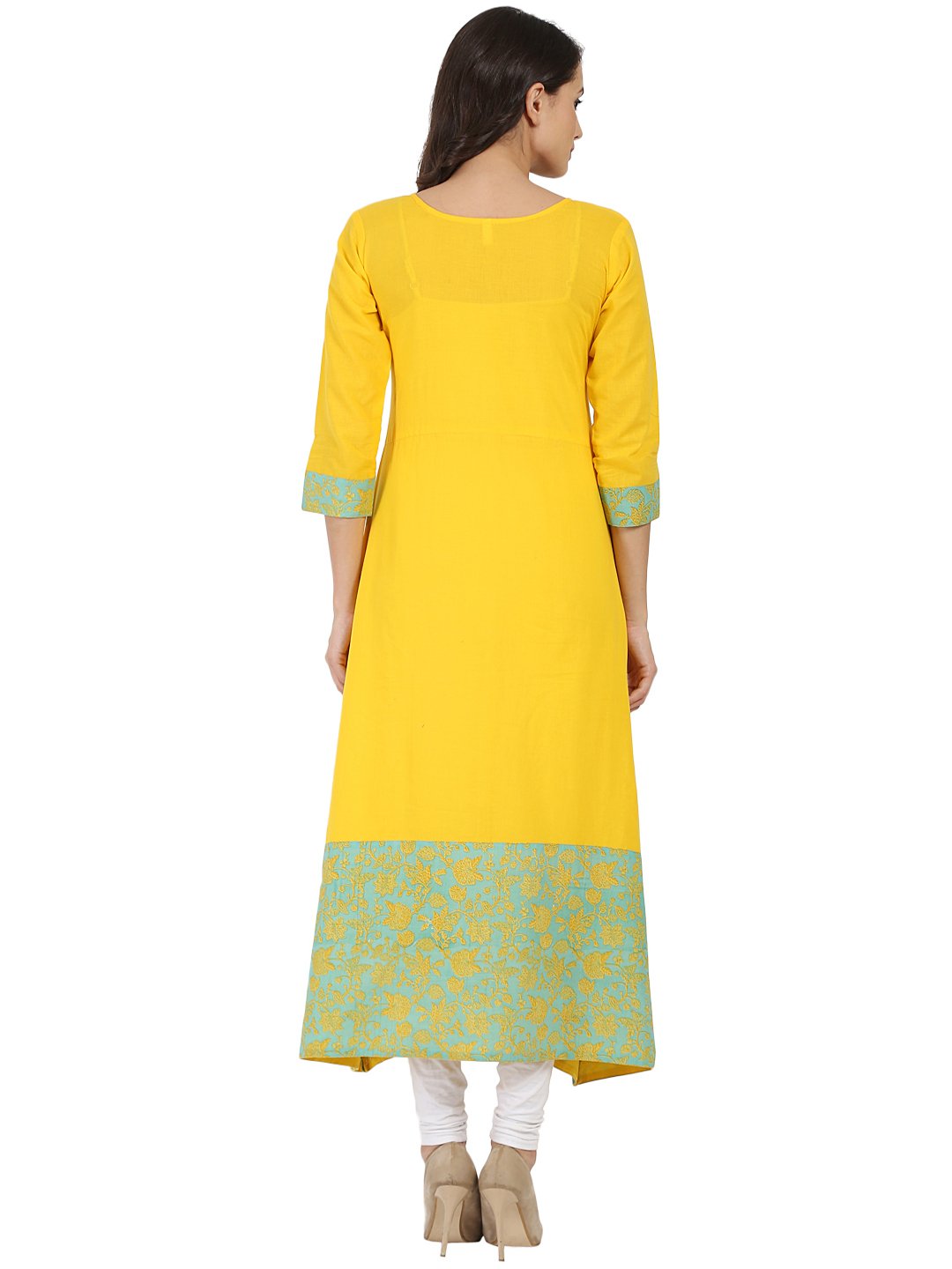 Women's Yellow Printed 3/4Th Sleeve Cotton A-Line Kurta - Nayo Clothing